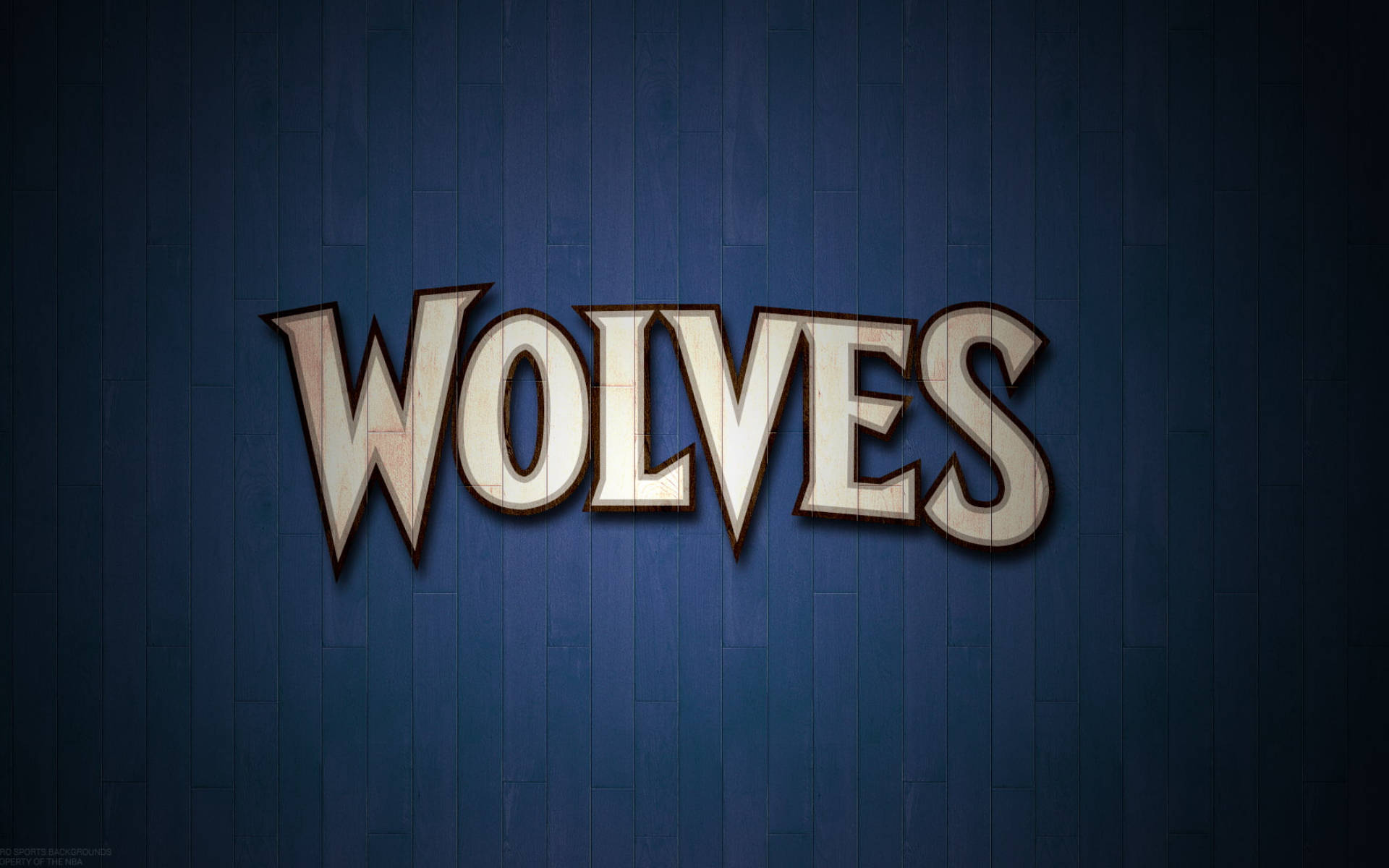 Timberwolves 桌布 壁紙 — 大膽的木製 'WOLVES' 標誌，帶有磨損紋理，安裝在深藍色垂直木鑲板上。