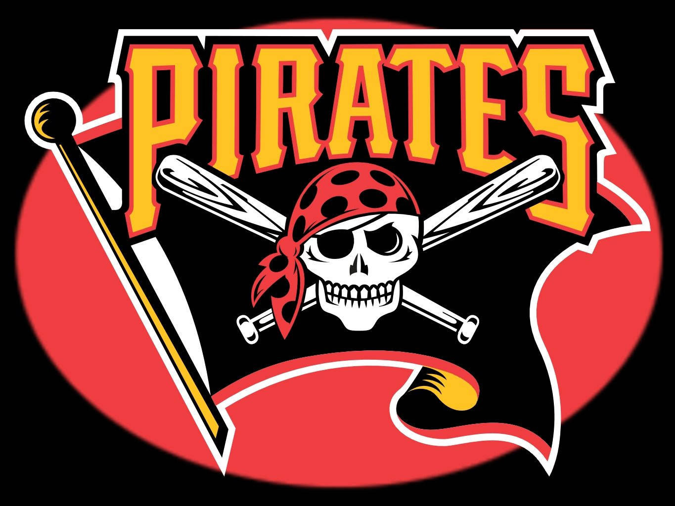 Pittsburgh Pirates 桌布 壁紙 — 大膽的棒球隊標誌，骷髏頭戴紅色頭巾，被球棒交叉，並以火橙色字母寫著「PIRATES」。