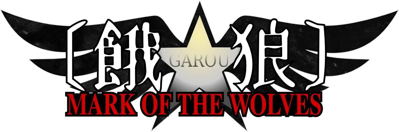 wolves 桌布 壁紙 — 大膽的標誌，帶有日本漢字和英文文字「MARK OF THE WOLVES」，兩側有帶翼星星，背景為黑色。