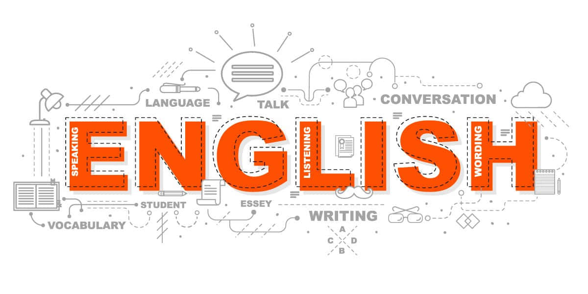 Learning 桌布 壁紙 — 大膽的橙色 'ENGLISH' 文字，周圍環繞著詞彙、對話和寫作工具的灰色線條圖標。