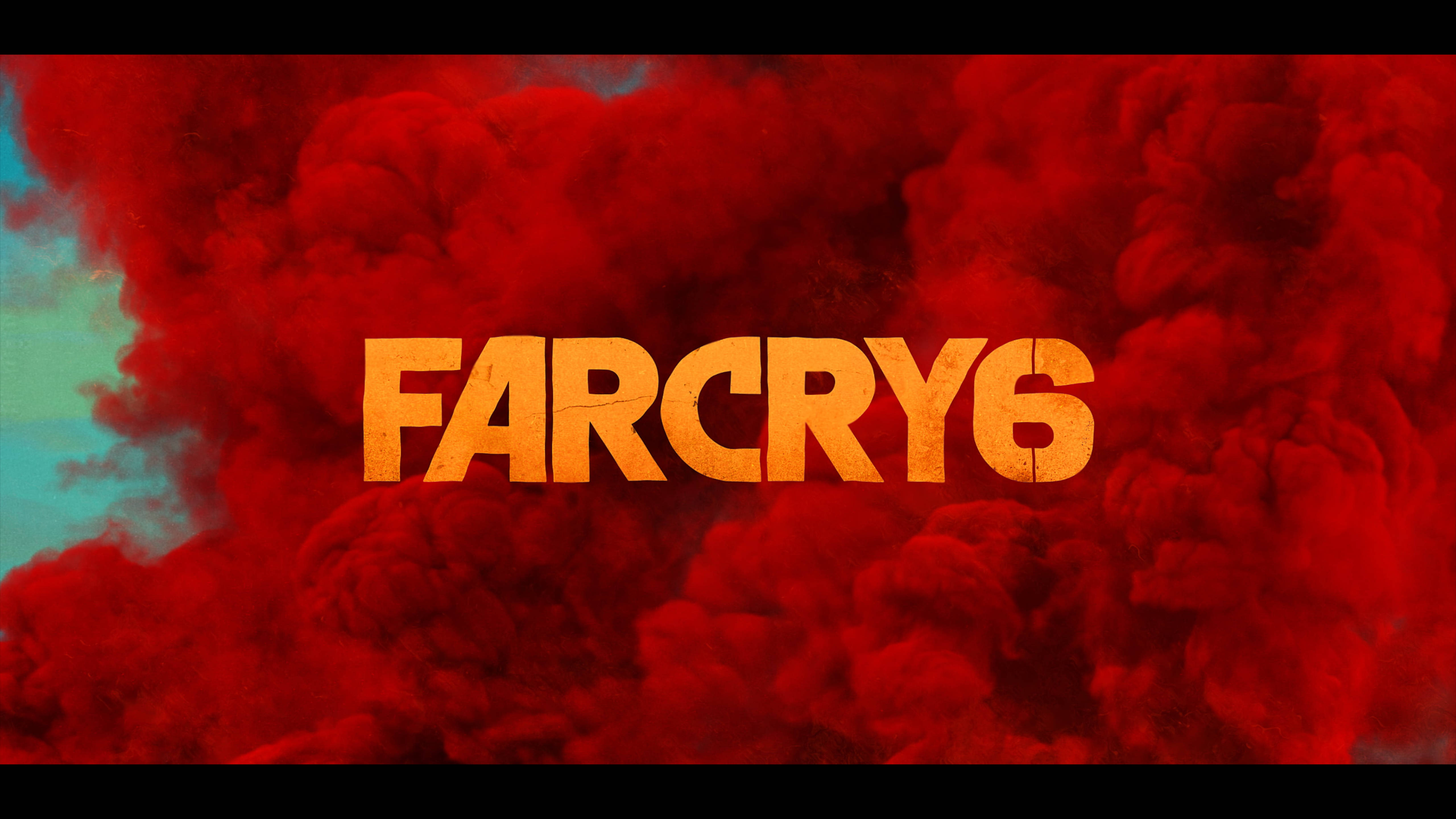 Far Cry 6 桌布 壁紙 — 大膽的橙色 Far Cry 6 標題從濃密的紅煙中浮現，背景是藍綠色天空。