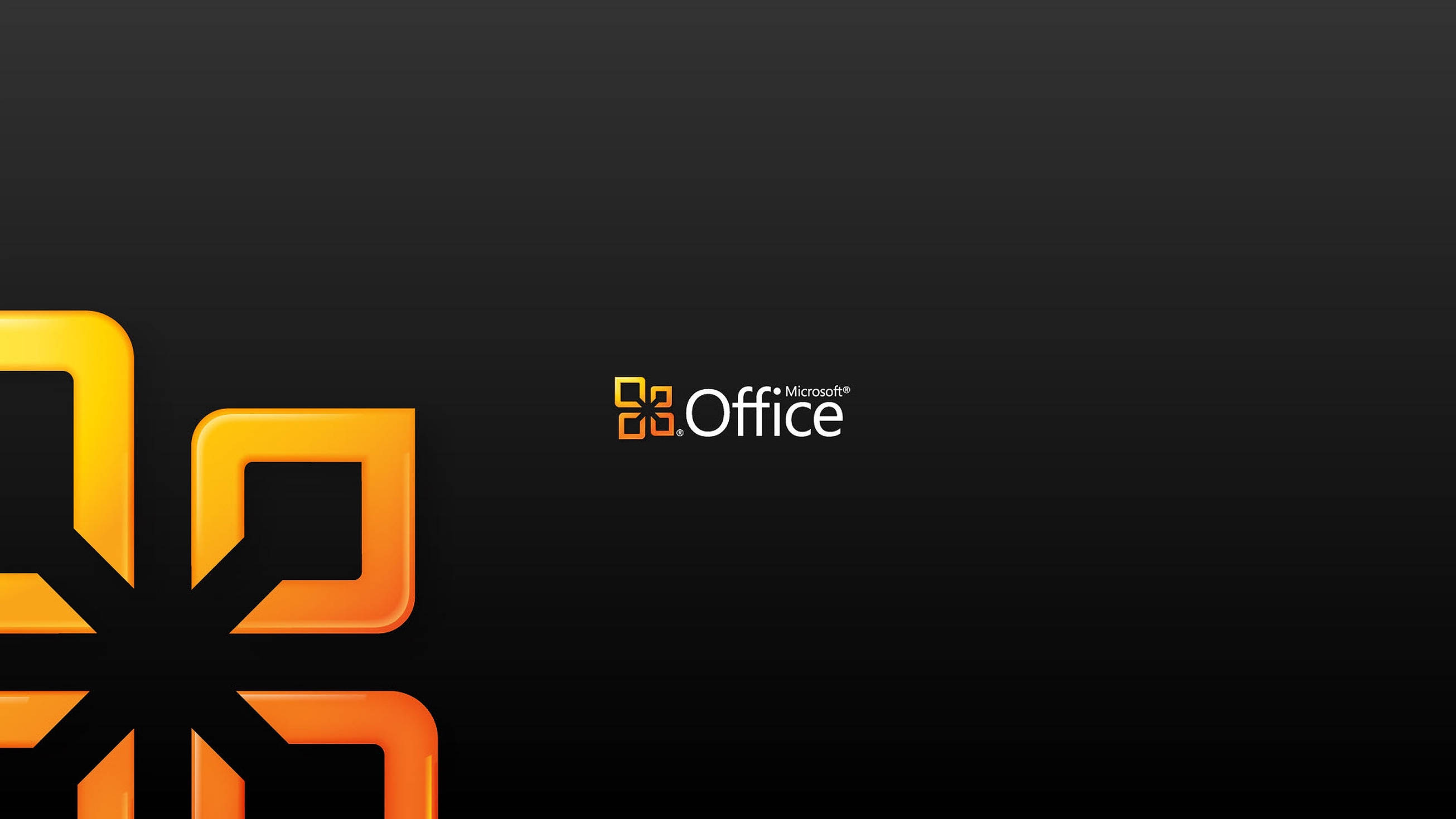 Office 365 桌布 壁紙 — 大膽的橙色 Microsoft Office 標誌，搭配幾何形狀，置於深色漸變背景上。