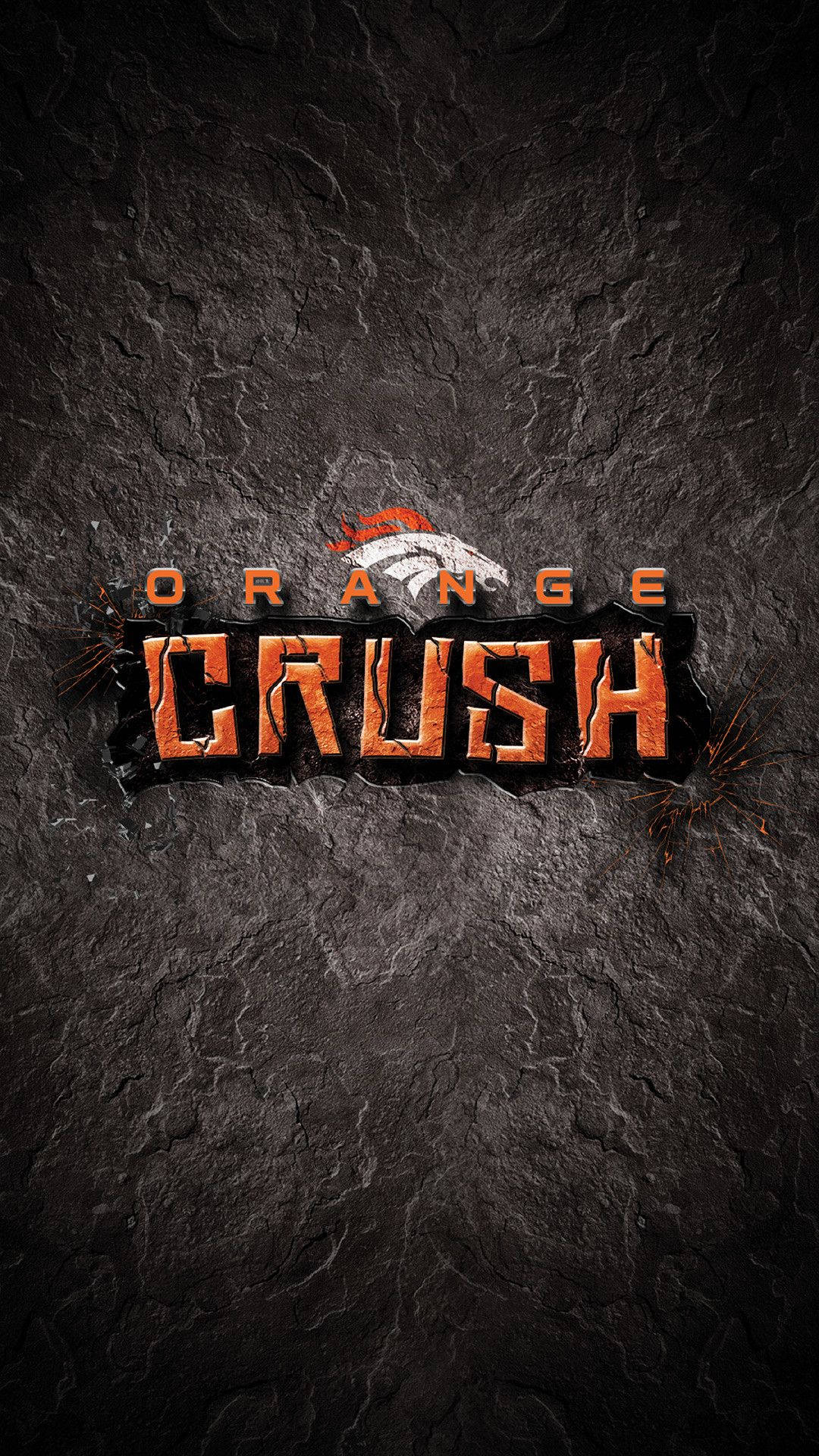 Denver 桌布 壁紙 — 大膽的橙色「ORANGE CRUSH」文字衝破黑暗裂開的石頭，周圍有火花飛濺。