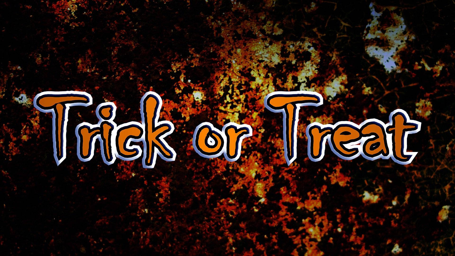 treat 桌布 壁紙 — 大膽的橙色 'Trick or Treat' 文字，帶有藍色輪廓，在紋理鏽蝕金屬背景上發光。
