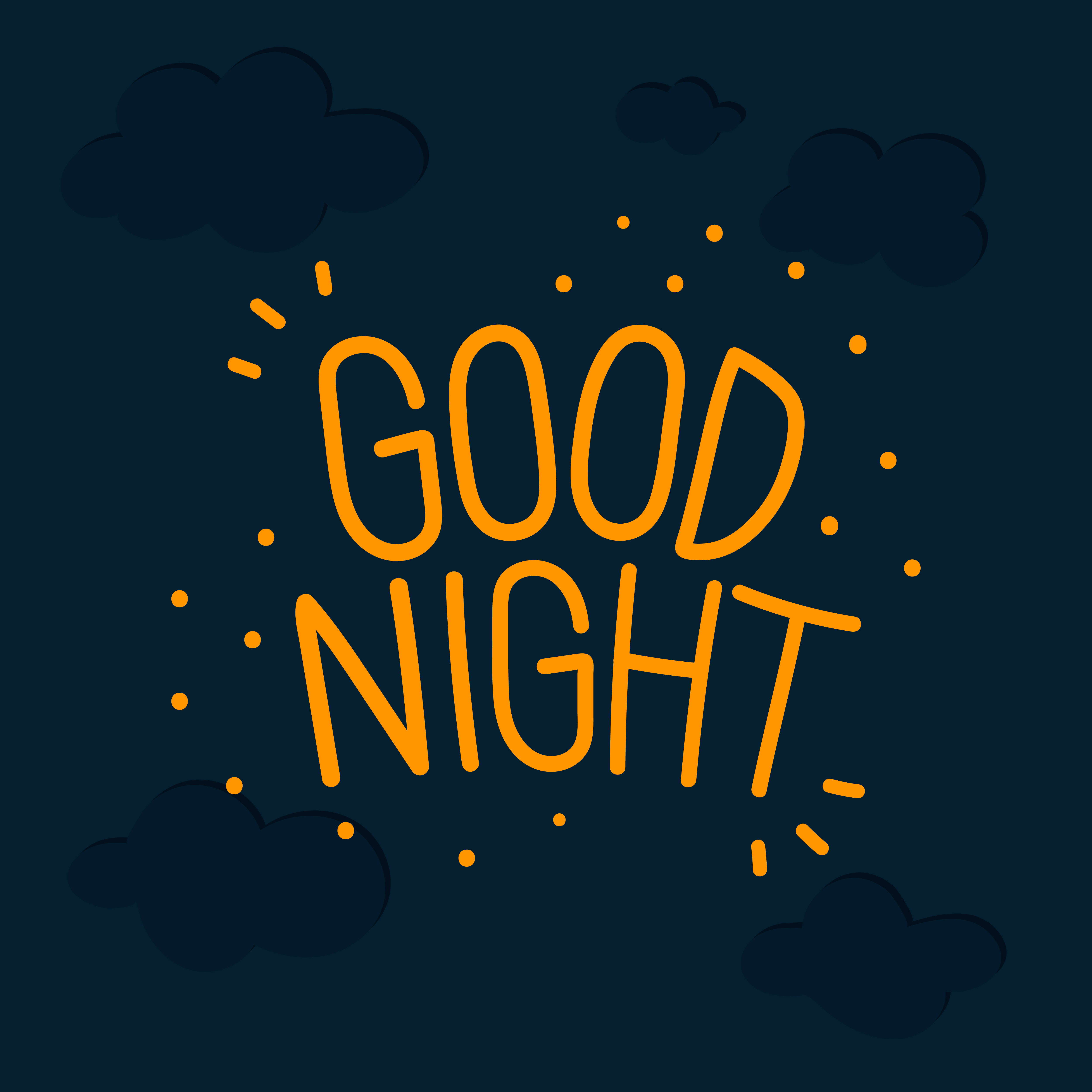 Good Night 桌布 壁紙 — 大膽的橙色「晚安」文字在深藍色夜空、風格化雲朵和閃爍星星的背景下溫暖發光。