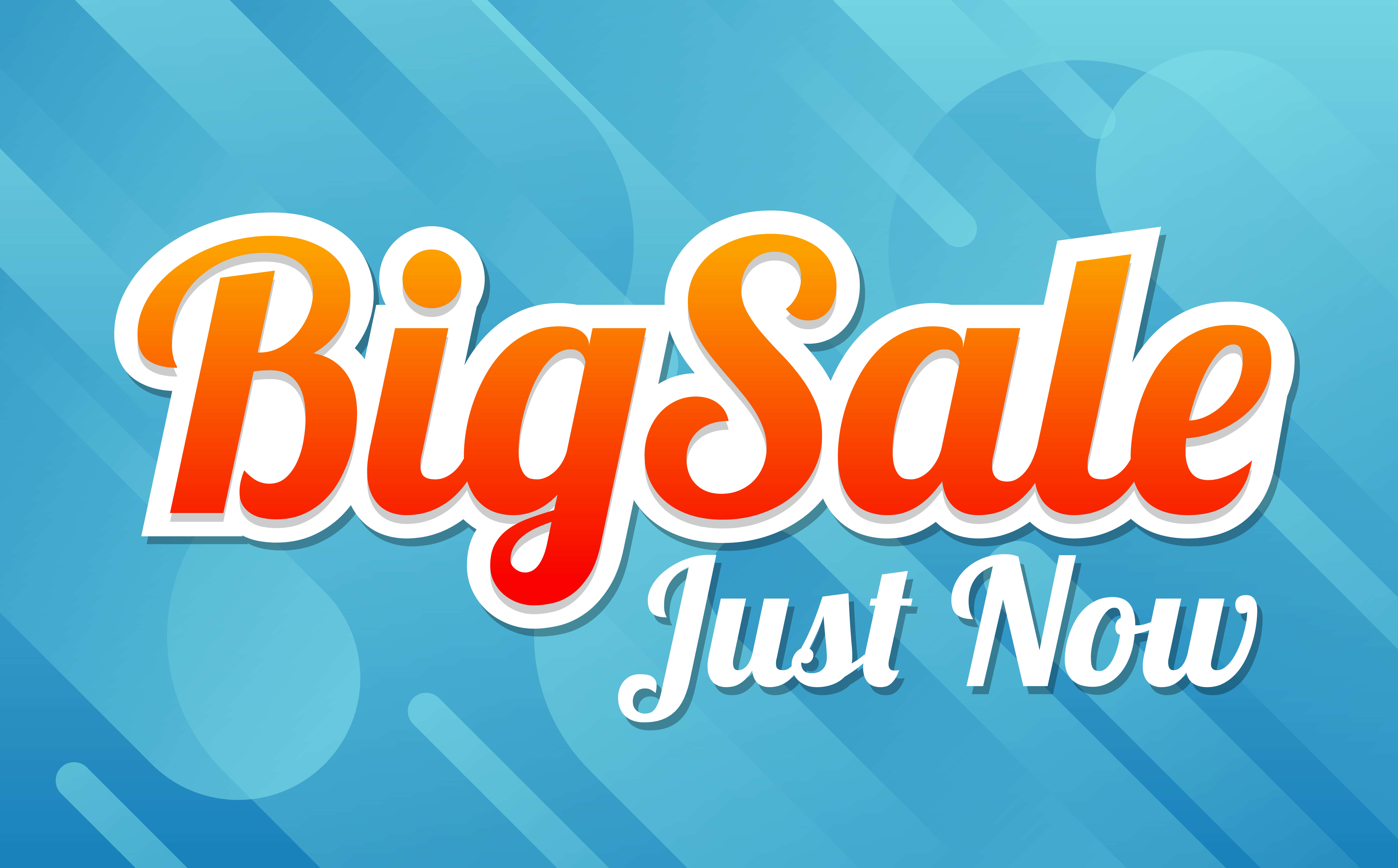 Sales 桌布 壁紙 — 大膽的橙色和白色「Big Sale Just Now」文字在帶有抽象形狀的動態藍色漸變背景上突出顯示。