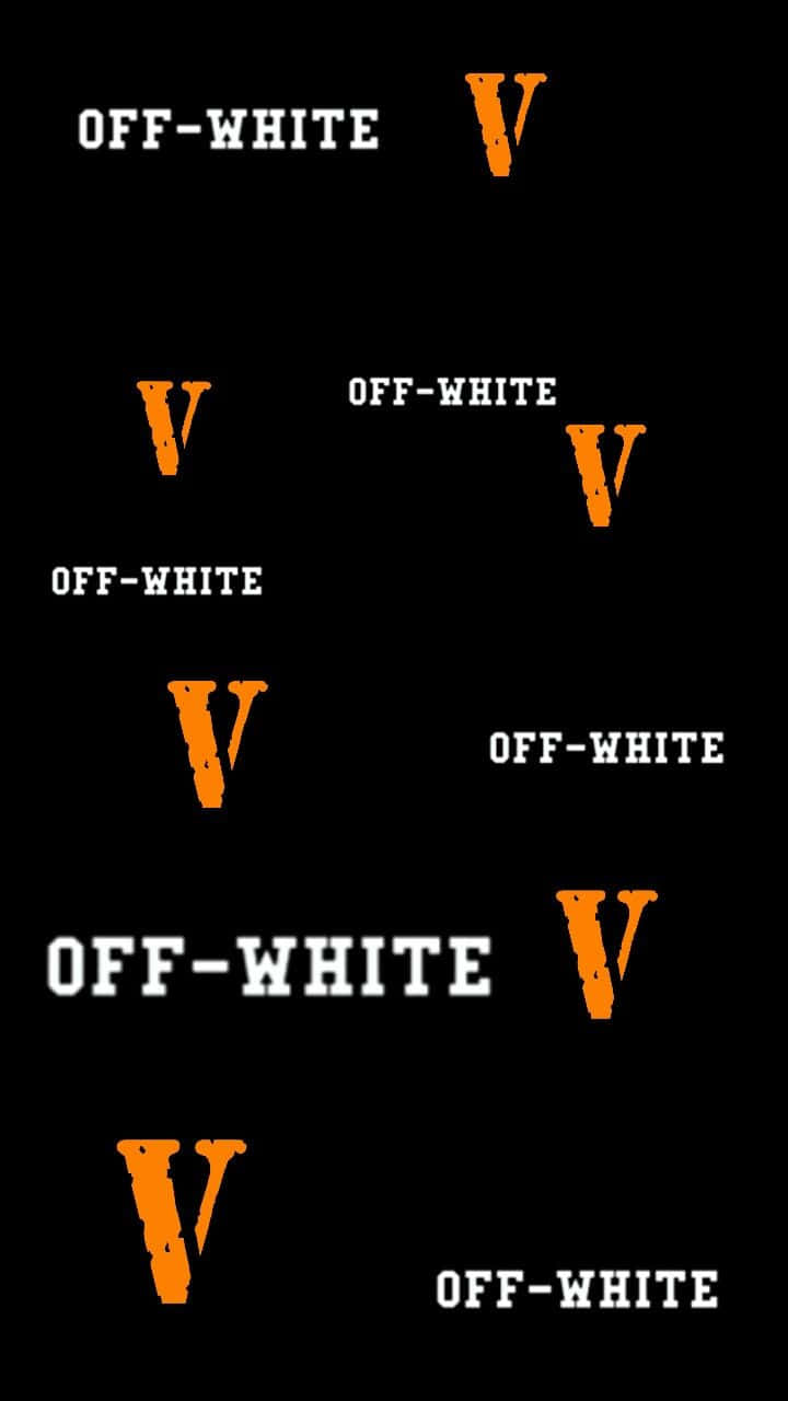 桌布 壁紙 — 大膽的橙色和白色「V」標誌及「OFF-WHITE」文字在純黑背景上以網格重複排列。