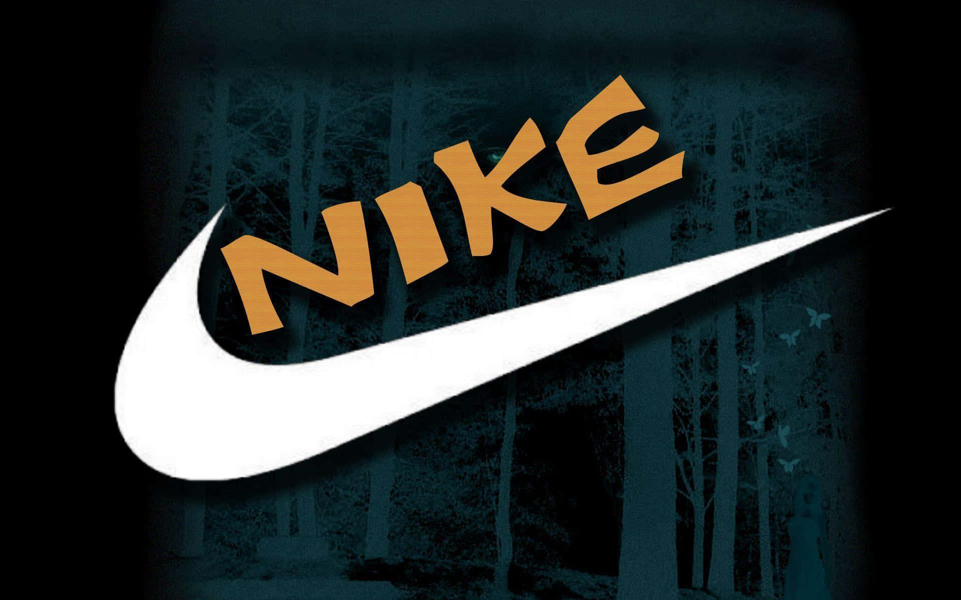 Nike Logo 桌布 壁紙 — 大膽的橙色和白色Nike標誌主導了黑暗森林背景，襯托著光禿的樹木和微妙的蝴蝶剪影。