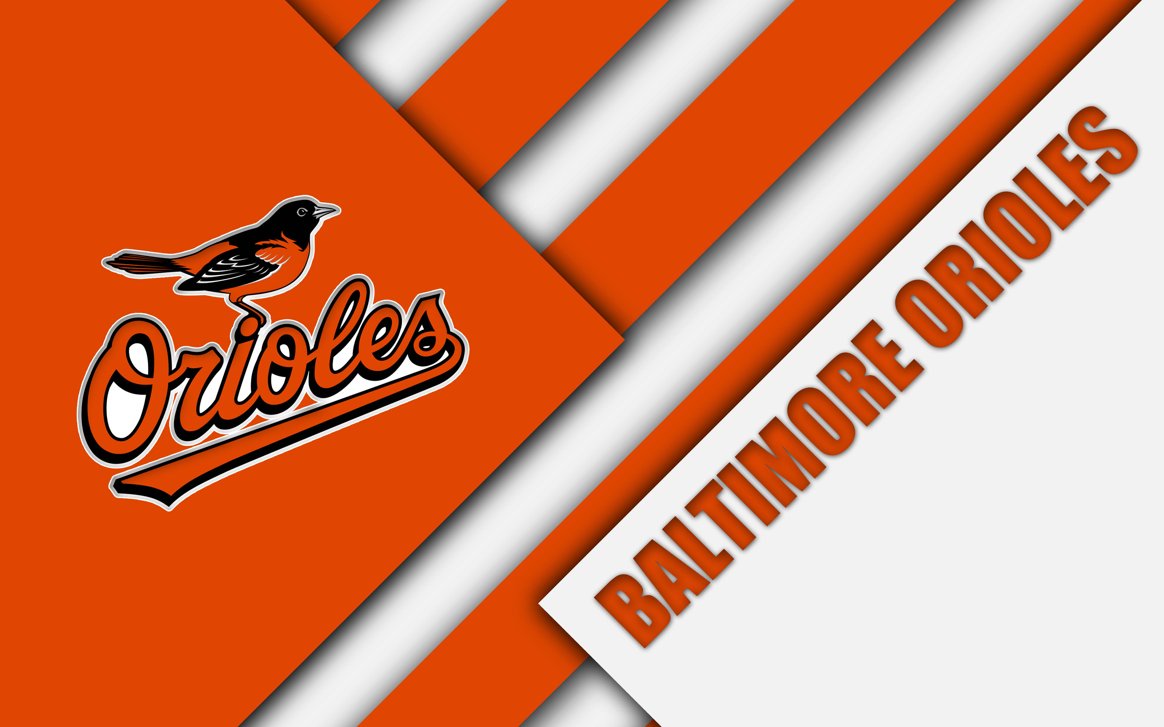 Orioles 桌布 壁紙 — 大膽的橙色和白色對角線條紋框住了巴爾的摩金鶯隊的標誌，上面有一隻風格化的金鶯鳥。