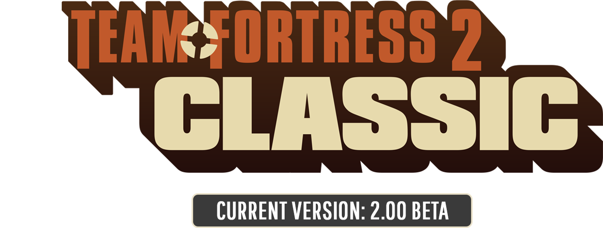 Tf2 Logo 桌布 壁紙 — 大膽的橙色和米色 'Team Fortress 2 Classic' 標誌，下方有 'Current Version 2.00 Beta' 標籤，背景為深棕色。