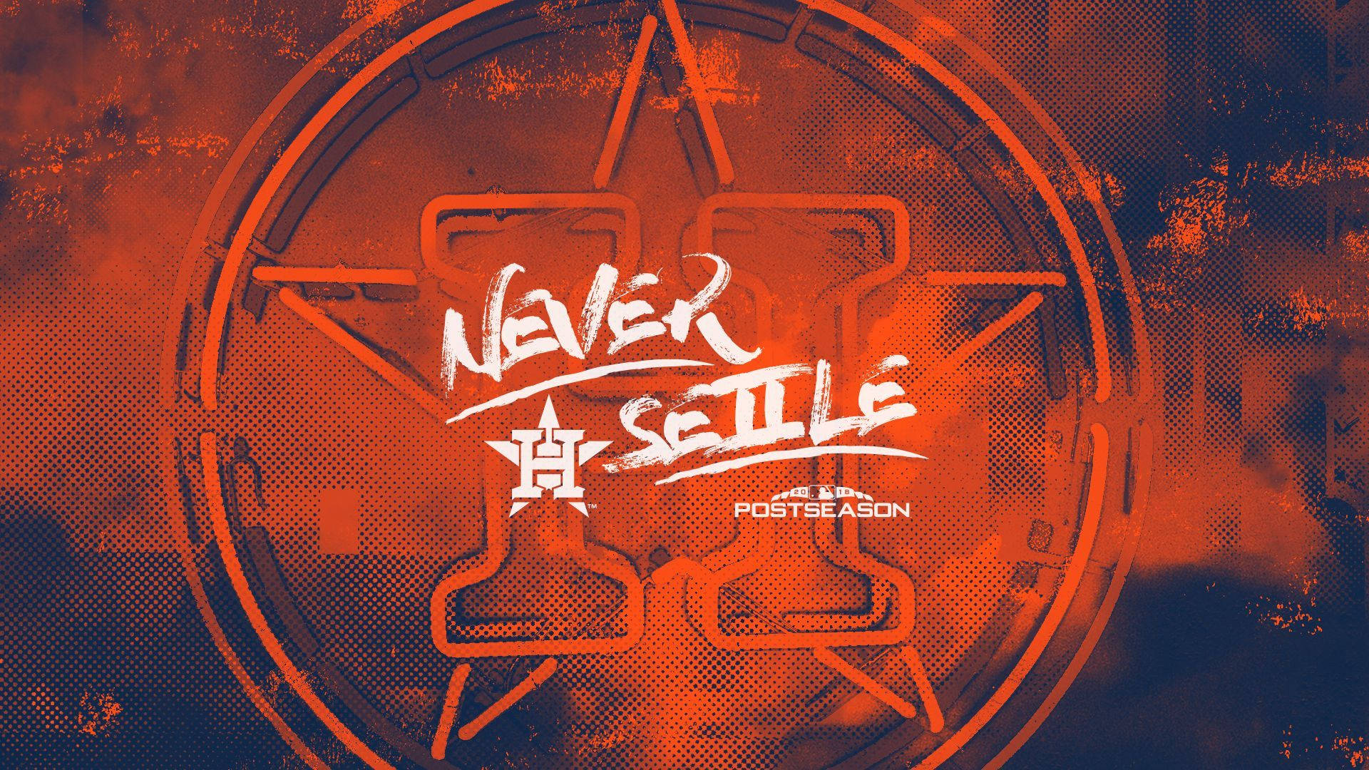Astros 桌布 壁紙 — 大膽的橙色和藍色圖形，星形徽章內有 'NEVER SETTLE' 文字，帶有半色調紋理。