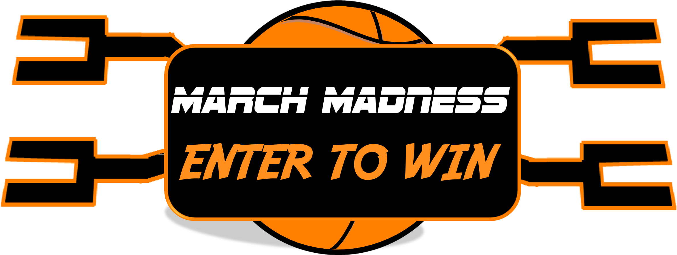 Clip Art 桌布 壁紙 — 大膽的橙色和黑色 March Madness 宣傳圖形，帶有籃球和參加贏取獎品文字。