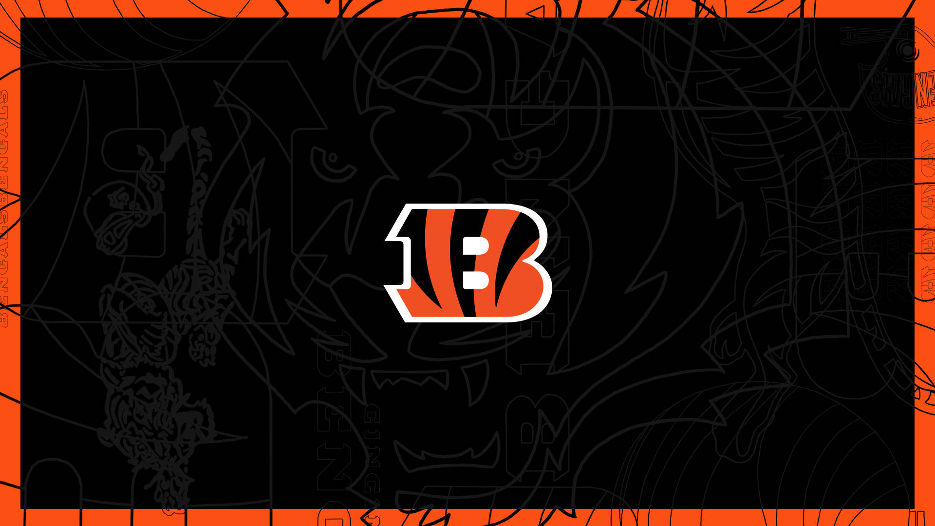 Bengals 桌布 壁紙 — 大膽的橙色和黑色辛辛那提猛虎隊標誌居中在深色背景上，帶有模糊的草圖老虎輪廓和鮮豔的橙色邊框。