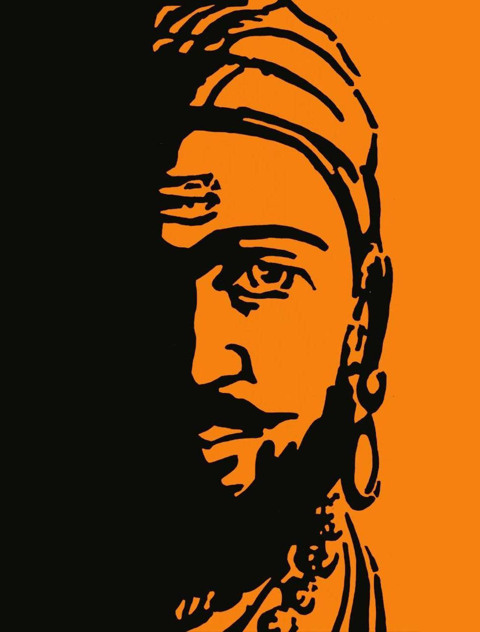 Chhatrapati Shivaji Maharaj 桌布 壁紙 — 大膽的橙色和黑色風格化肖像，戴頭巾和耳環的男士，圖形剪影。