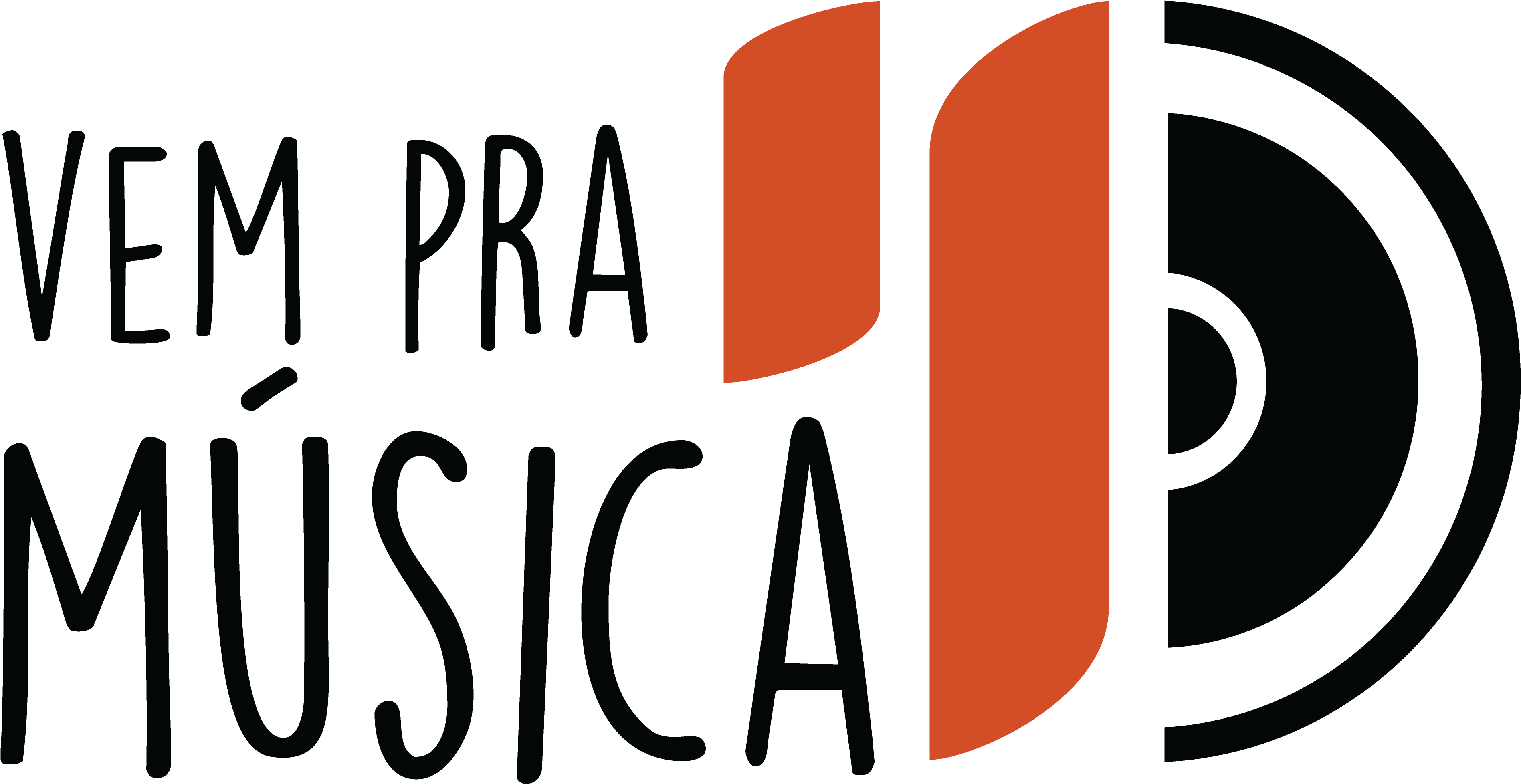 Title 桌布 壁紙 — 大膽的橙色幾何形狀與黑色背景上深灰色文字「VEM PRA MÚSICA」形成對比。