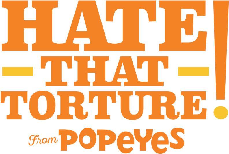 大力水手 桌布 壁紙 — 大膽的橙色文字在純黑色背景上宣告「HATE THAT TORTURE From POPEYES」。