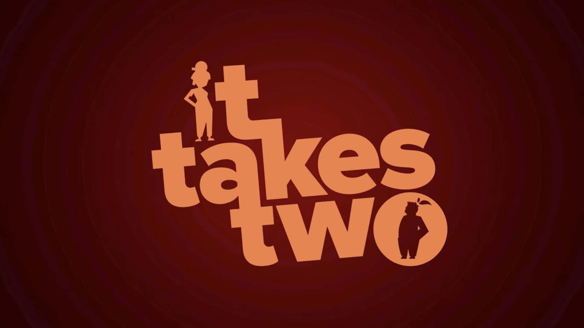 it takes two 桌布 壁紙 — 大膽的橙色文字顯示「it takes two」，字母上帶有剪影人物，背景為旋轉的深紅色。
