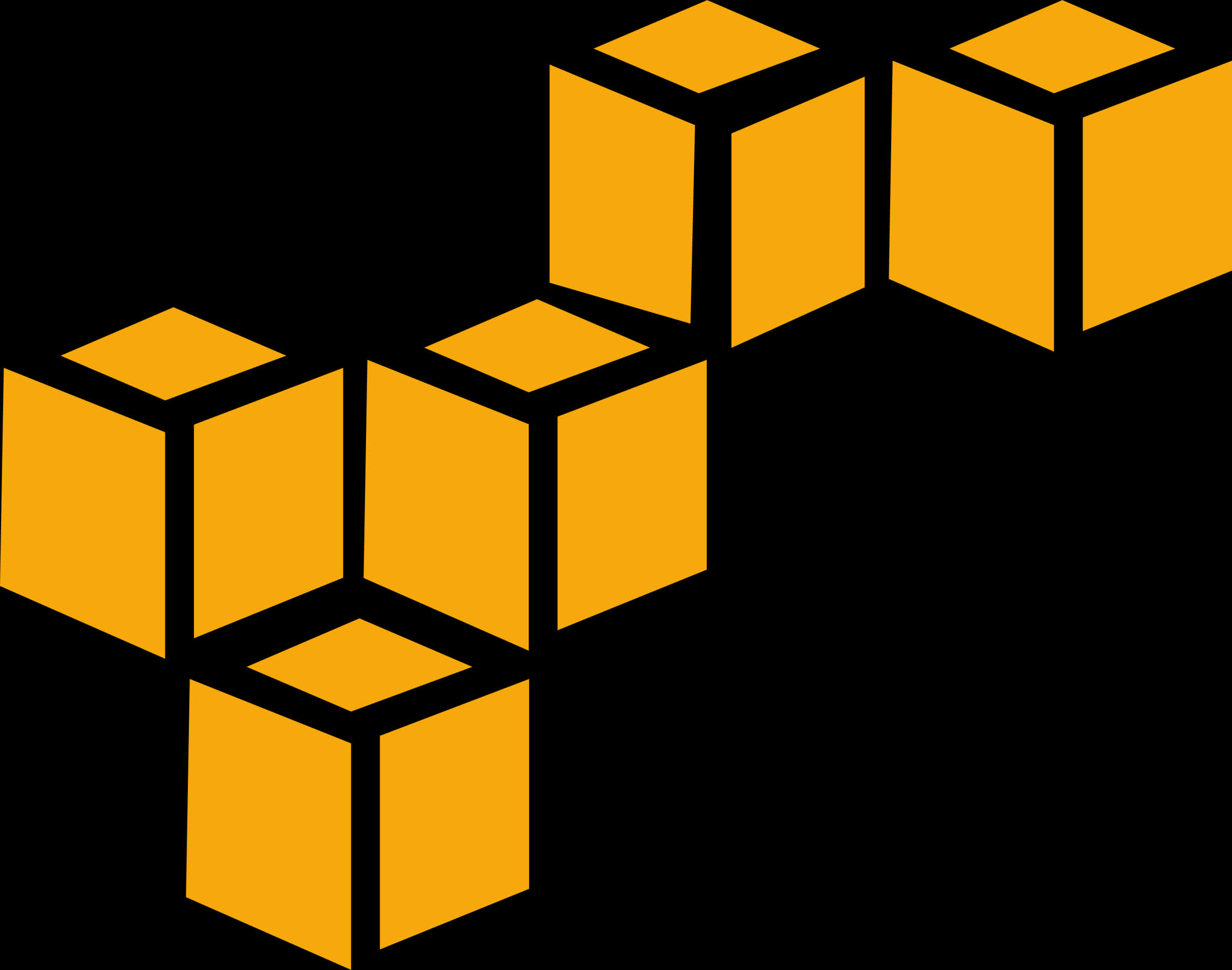 Amazon Logo White Transparent 桌布 壁紙 — 大膽的橙色立方體帶有黑色輪廓，在純黑色背景上形成幾何圖案。