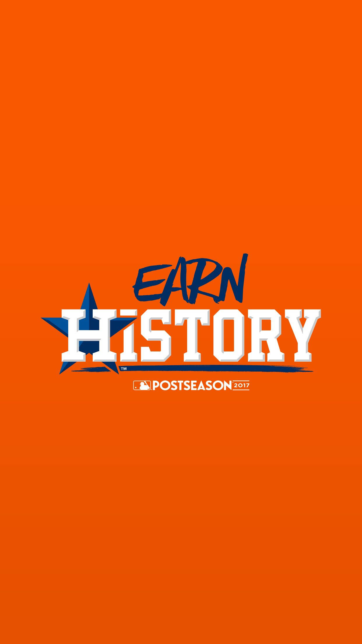 Astros 桌布 壁紙 — 大膽的橙色背景，帶有「EARN HISTORY」文字、藍色星星和MLB季後賽2017標誌。