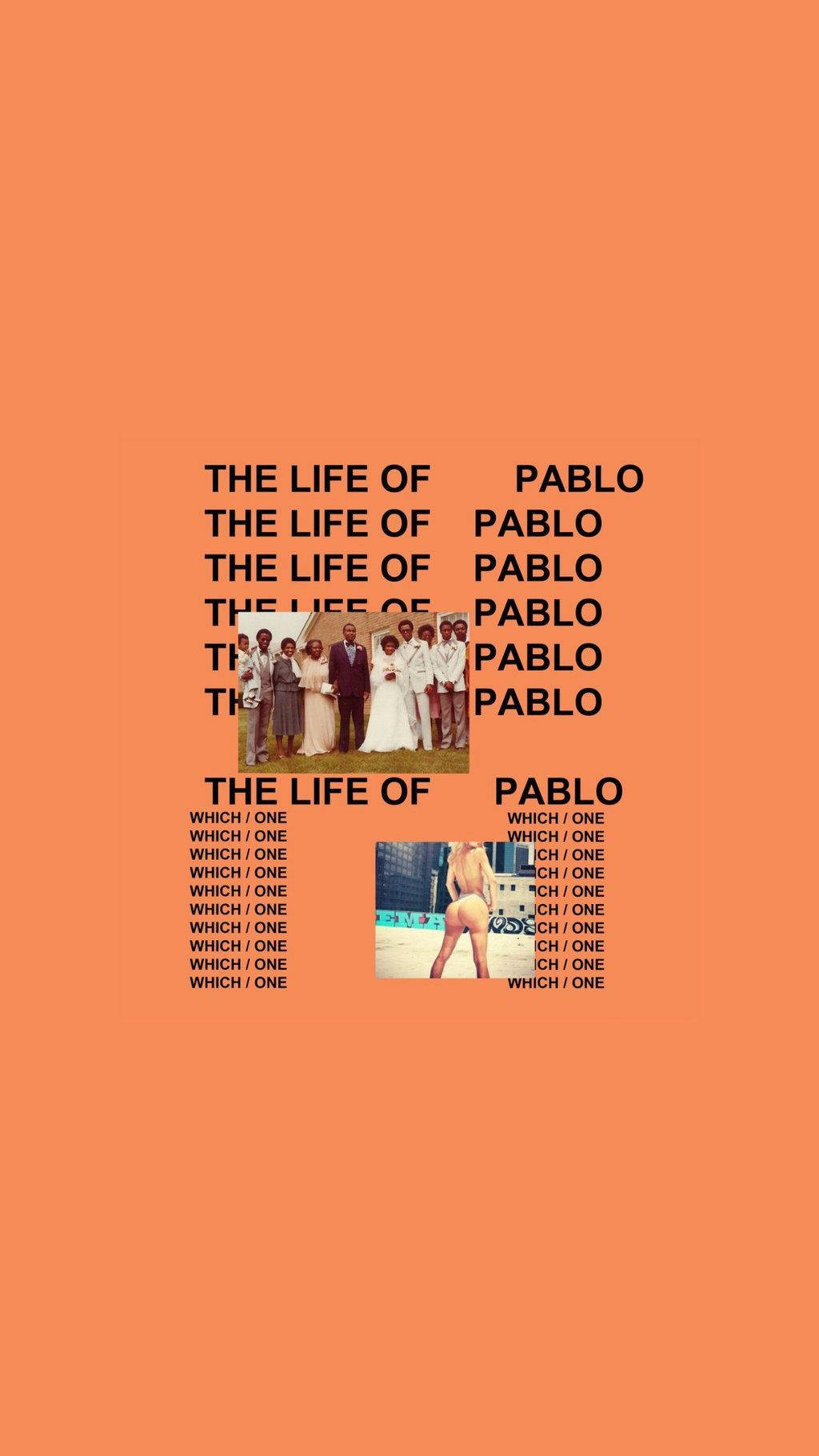 kanye west android 桌布 壁紙 — 大膽的橙色背景，帶有重複的黑色文字和兩張來自專輯封面的人物小照片。