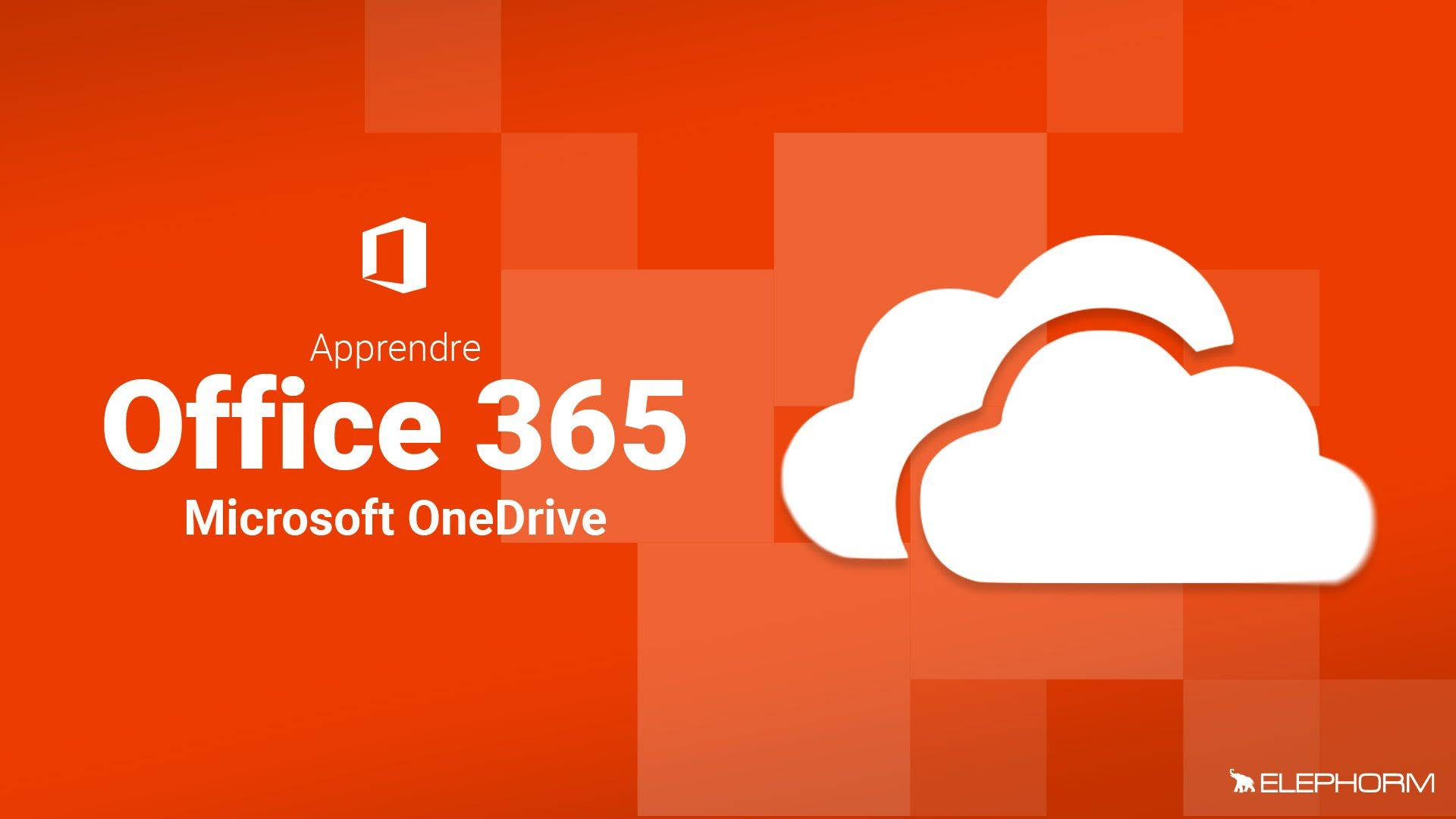 Office 365 桌布 壁紙 — 大膽的橙色背景上顯示了 Office 365 和 Microsoft OneDrive 的白色文字以及雲端圖示。
