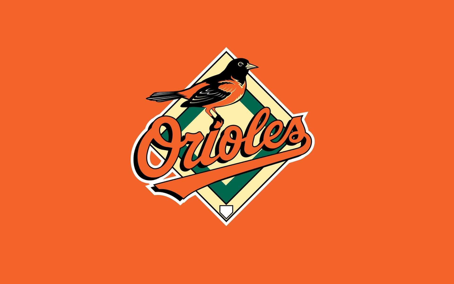 MLB Teams 桌布 壁紙 — 大膽的橙色背景展示了巴爾的摩金鶯隊標誌，一隻黑色和橙色的鳥棲息在風格化的字體上方。