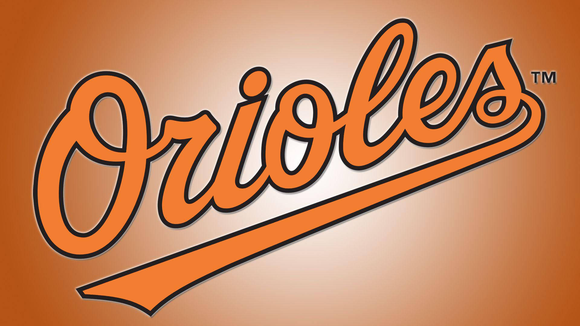 Orioles 桌布 壁紙 — 大膽的橙色金鶯標誌，帶有黑色輪廓，位於漸變橙色背景上。