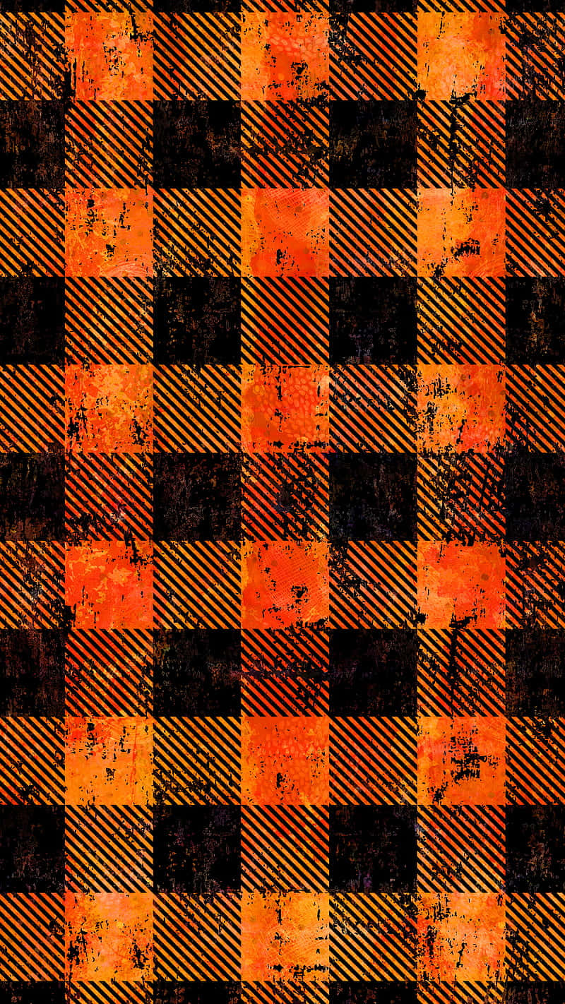 Plaid 桌布 壁紙 — 大膽的橙黑方格圖案，帶有對角線條和磨損質感。