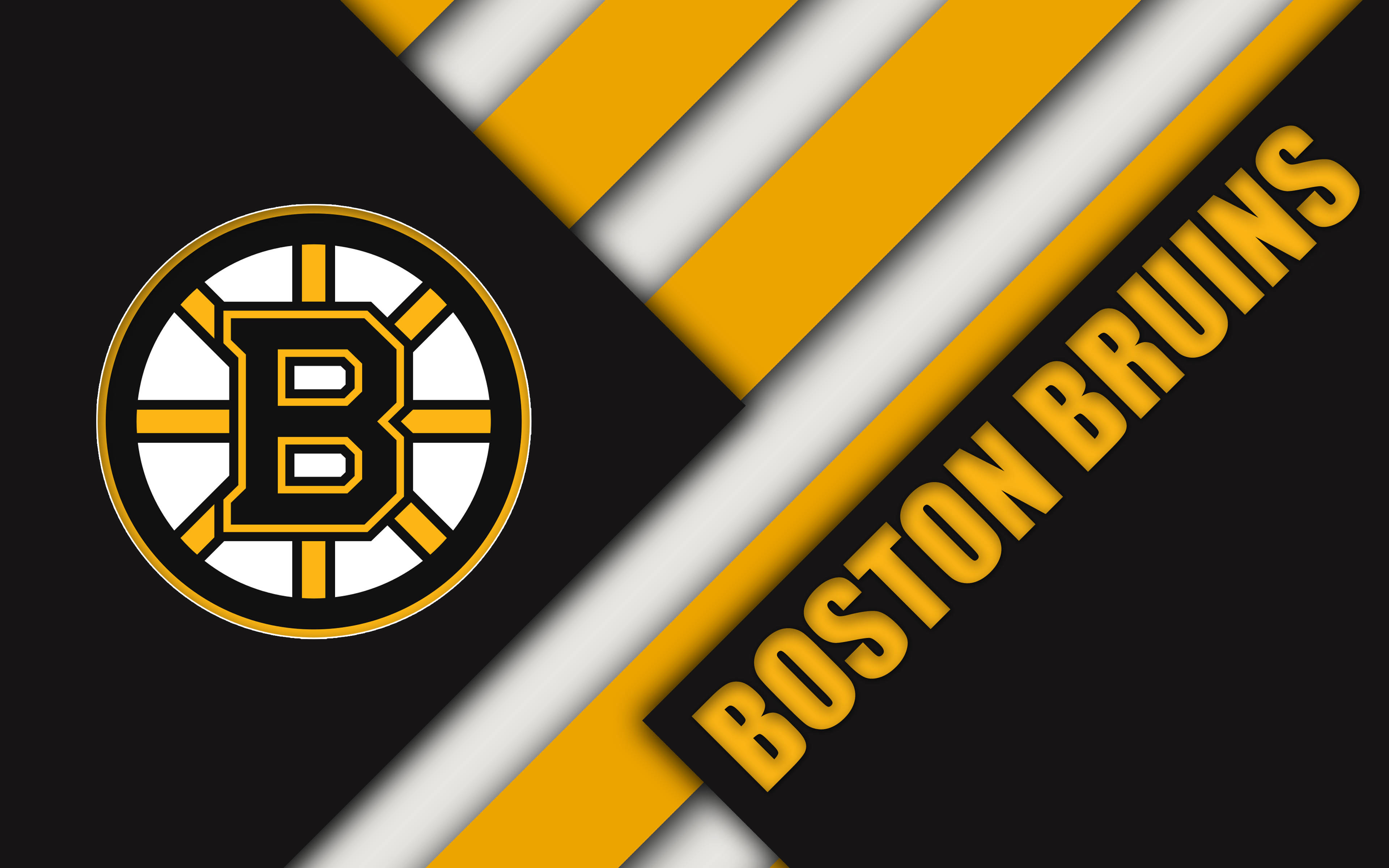 bruins 桌布 壁紙 — 大膽的波士頓棕熊標誌，黑色背景上有黃色和白色斜紋，球隊名稱以粗體黃色文字呈現。