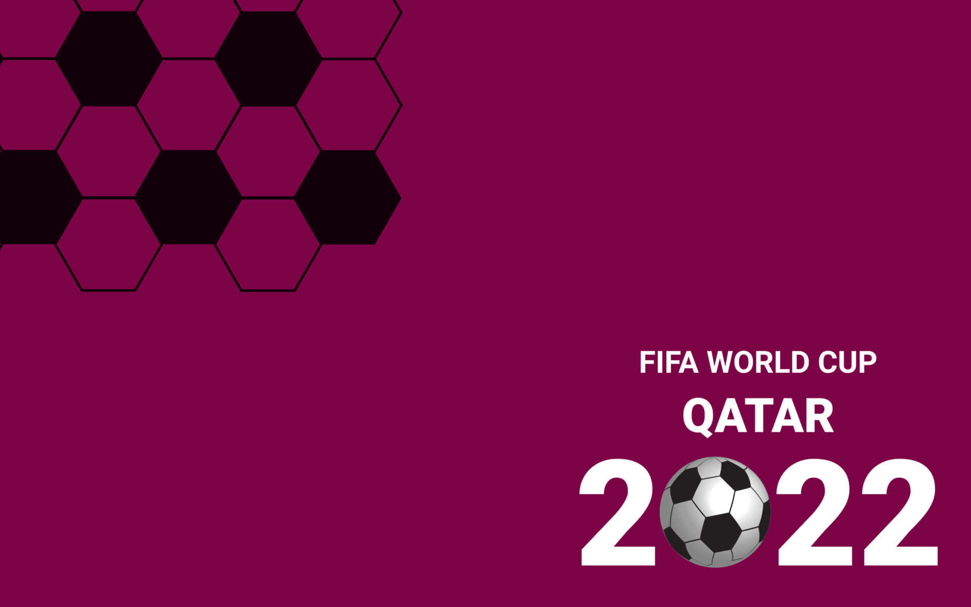 fifa 桌布 壁紙 — 大膽的洋紅色背景上呈現六邊形圖案和白色文字，宣佈FIFA世界盃卡達2022，並將足球融入年份中。