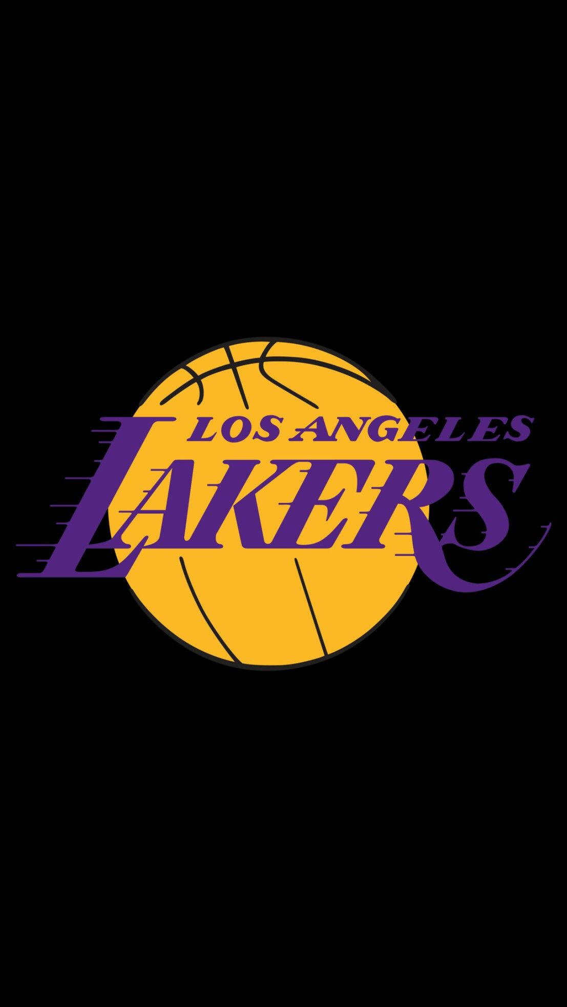Lakers iPhone 桌布 壁紙 — 大膽的洛杉磯湖人隊標誌，紫色字體和黃色籃球，黑色背景。