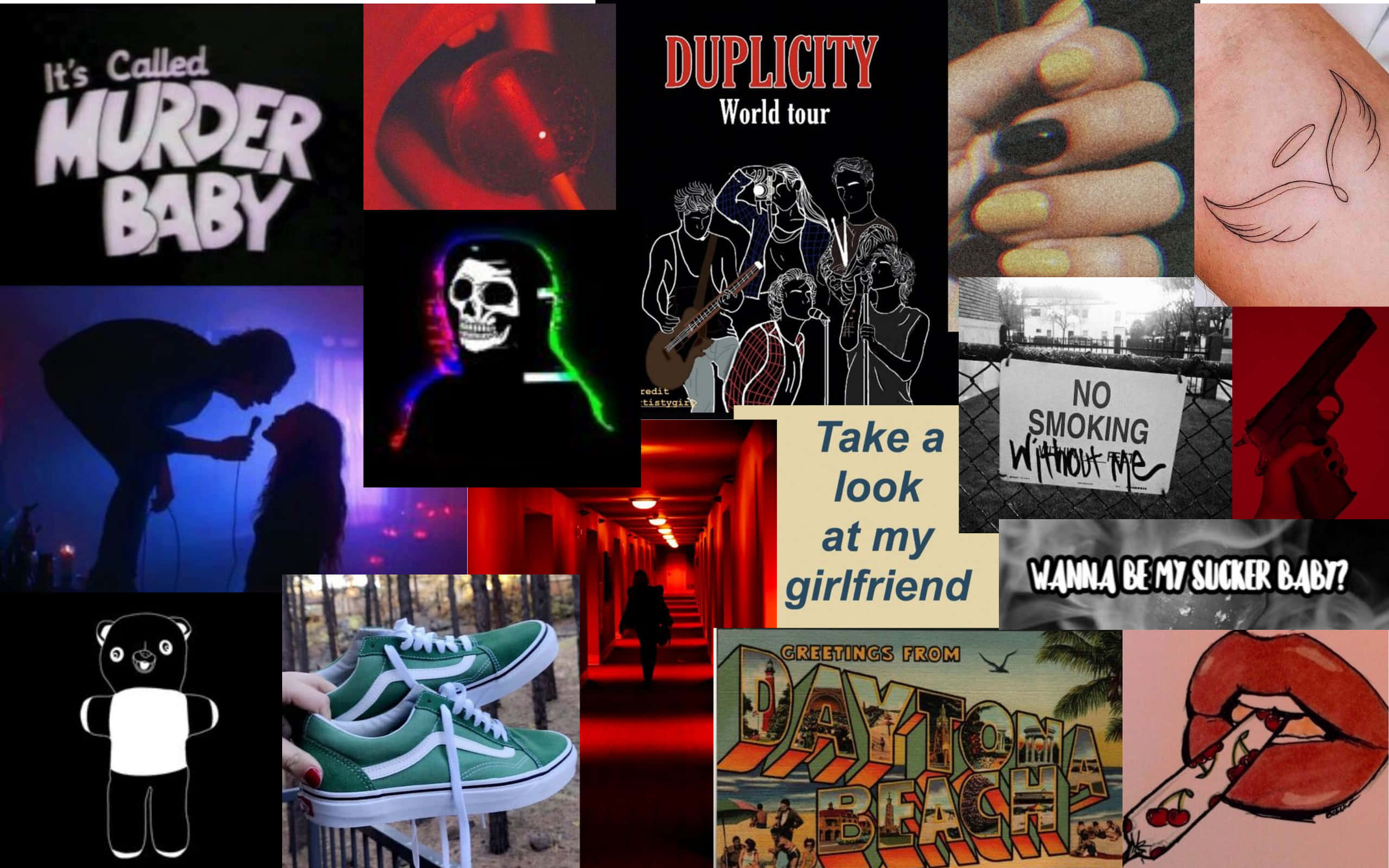Duplicitous 桌布 壁紙 — 大膽的流行文化視覺拼貼，包括刺青、嘴唇、霓虹骷髏和演唱會海報，採用鮮明的紅色、黑色和綠色。