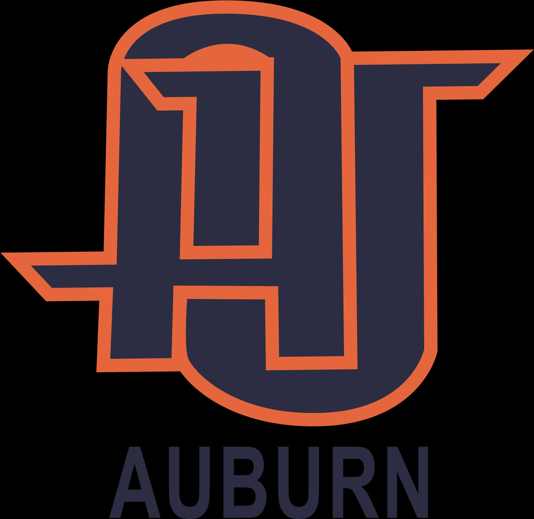 Auburn Logo 桌布 壁紙 — 大膽的海軍藍和橙色交織AT標誌，下方有'AUBURN'文字，黑色背景。