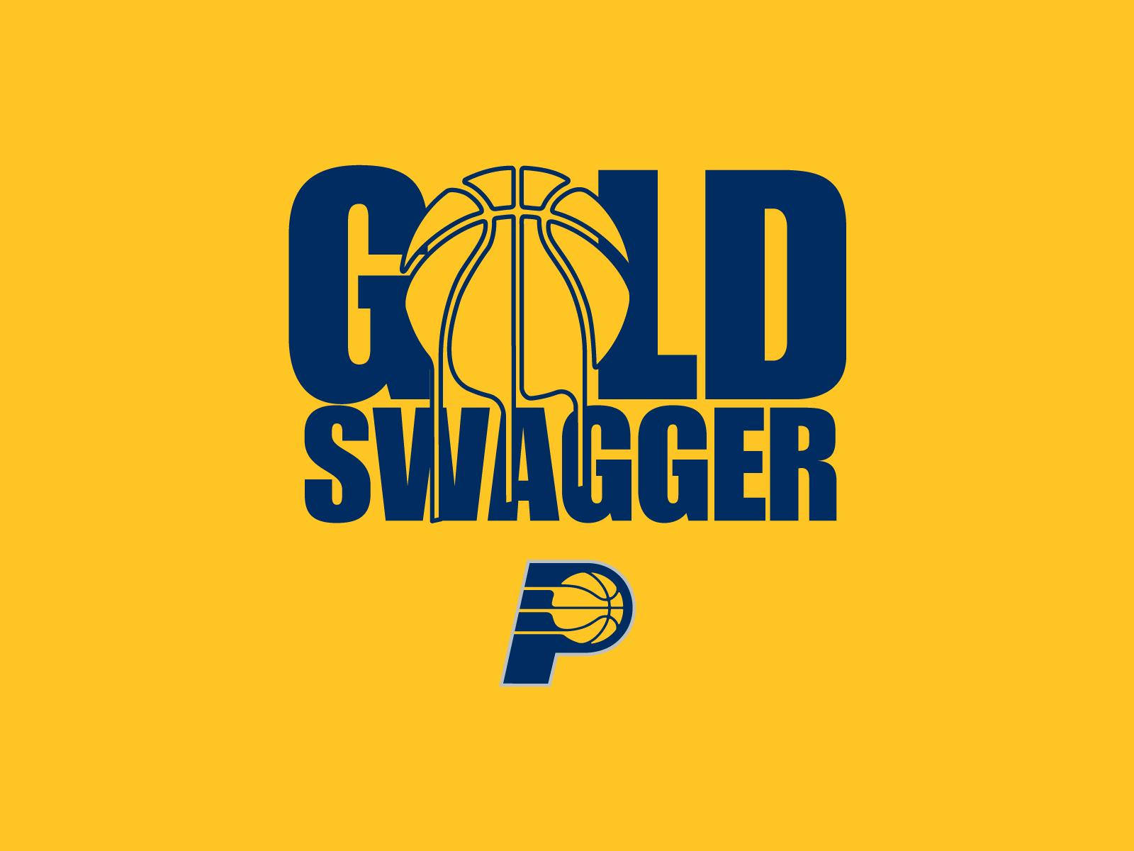 Indiana 桌布 壁紙 — 大膽的海軍藍文字 'GOLD SWAGGER'，籃球融入字母設計，背景為鮮黃色，下方有印第安納溜馬隊標誌。