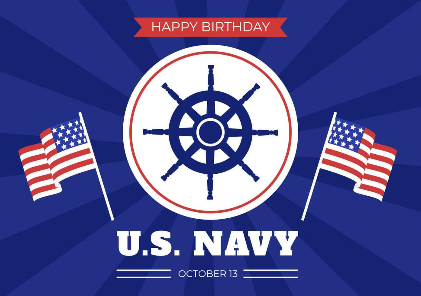 Navy 桌布 壁紙 — 大膽的海軍藍生日圖案，帶有船舵標誌，兩側是美國國旗，背景為藍色放射狀。