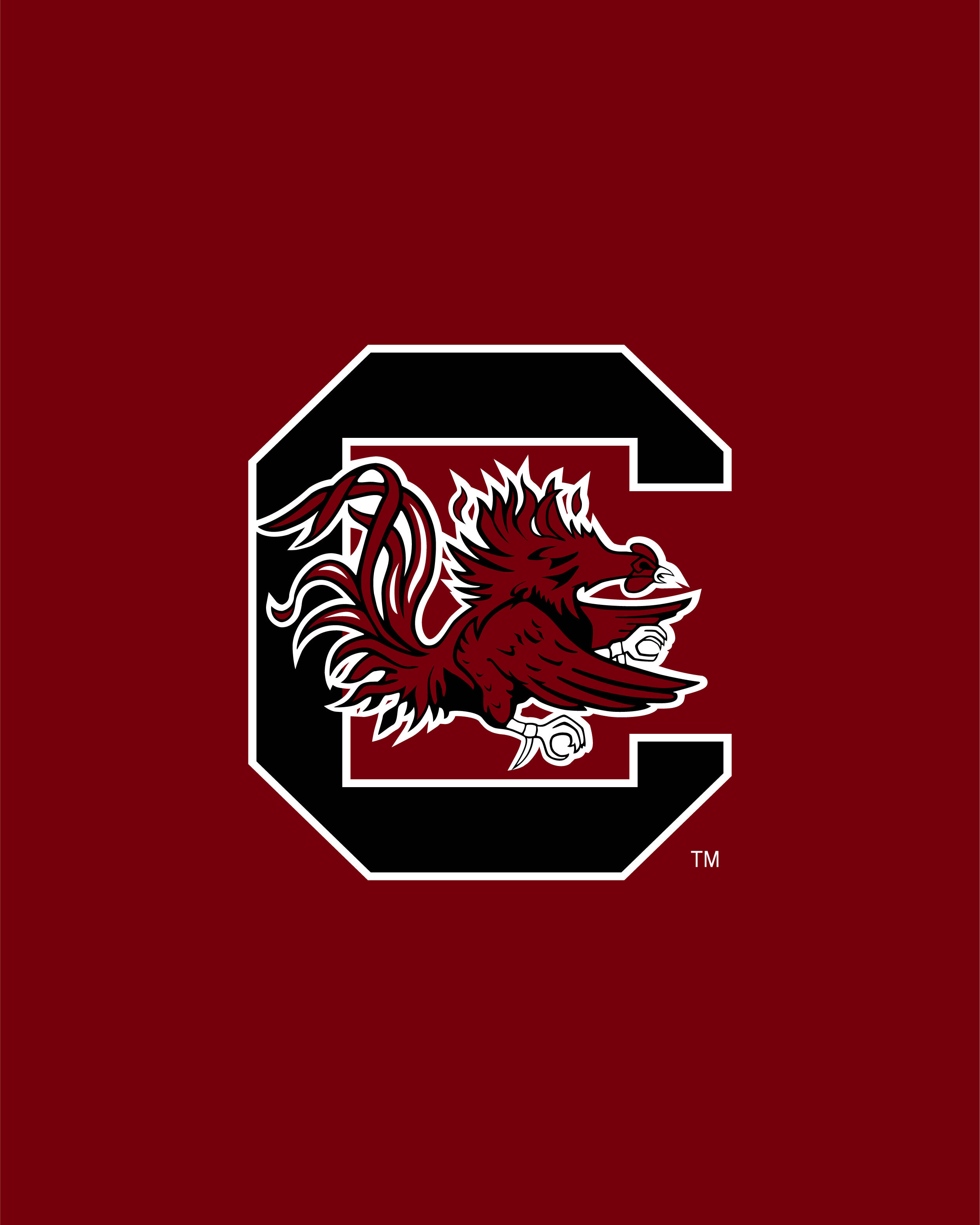 South Carolina Gamecocks 桌布 壁紙 — 大膽的深紅色背景上有一個黑色輪廓的字母C，裡面有一個兇猛的紅色鬥雞吉祥物。