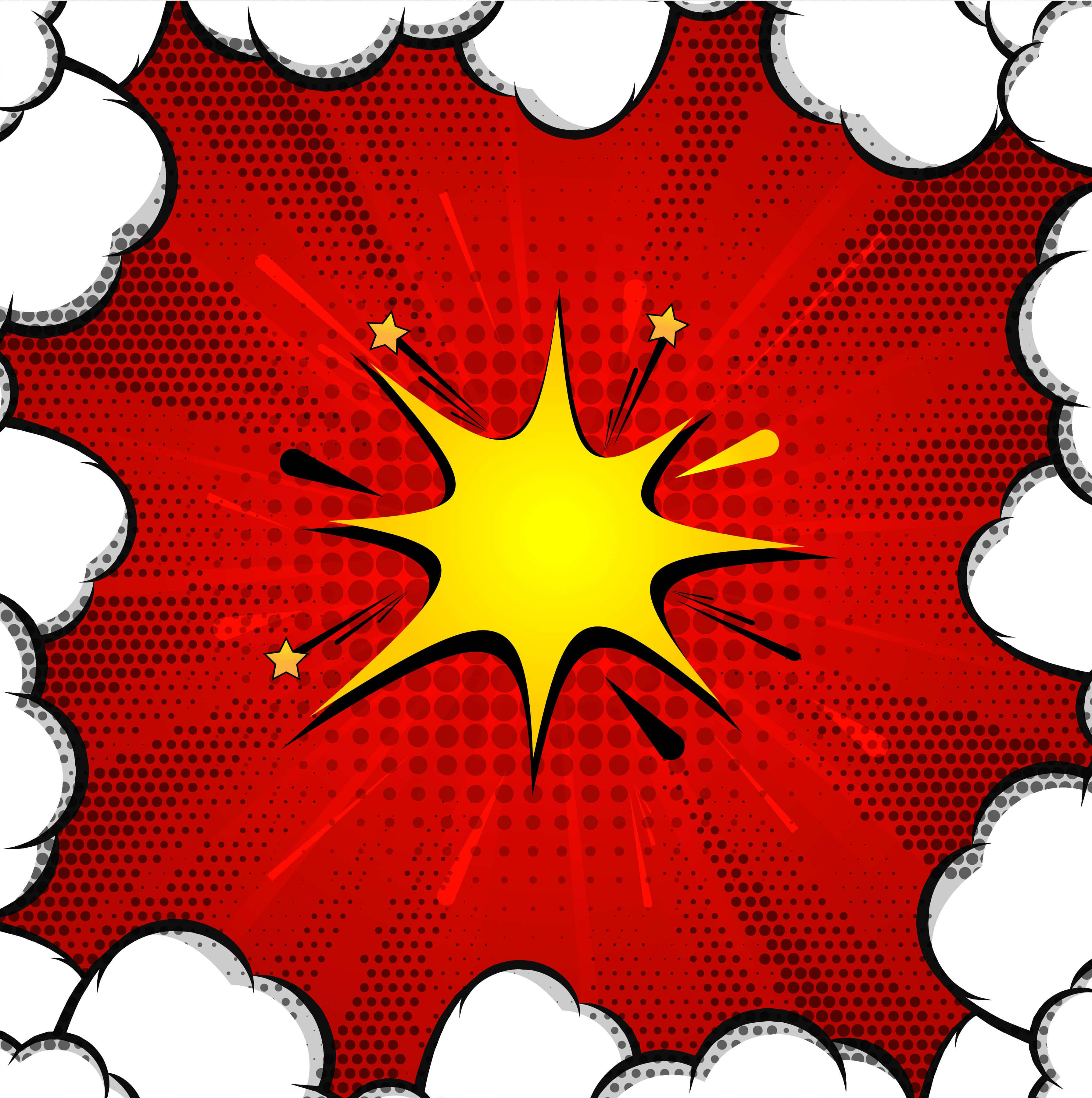 普普藝術動圖 桌布 壁紙 — 大膽的漫畫書爆炸，黃色星爆和黑色射線在紅色半色調背景上，由白色對話框框住。