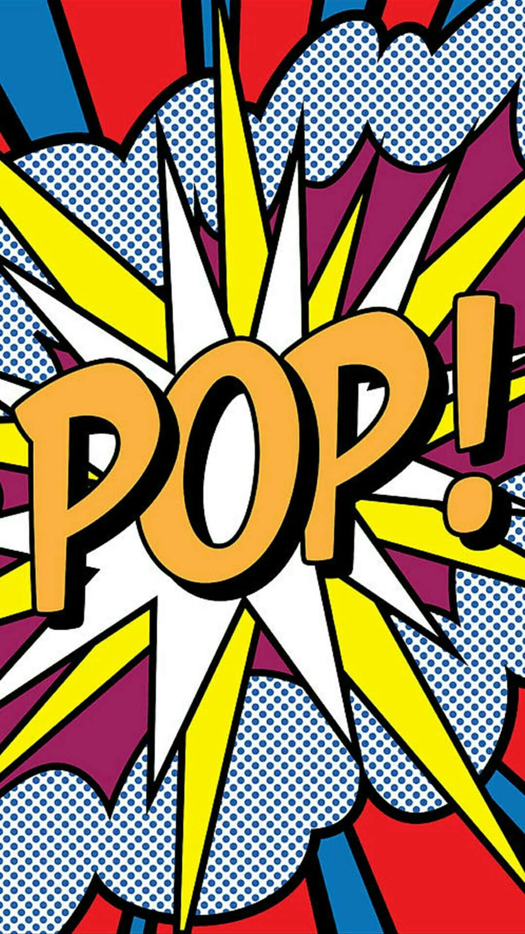 Typography 桌布 壁紙 — 大膽的漫畫爆炸效果，帶有「POP!」文字，在鮮豔的紅、藍、紫半色調背景上散發出黃色光芒。