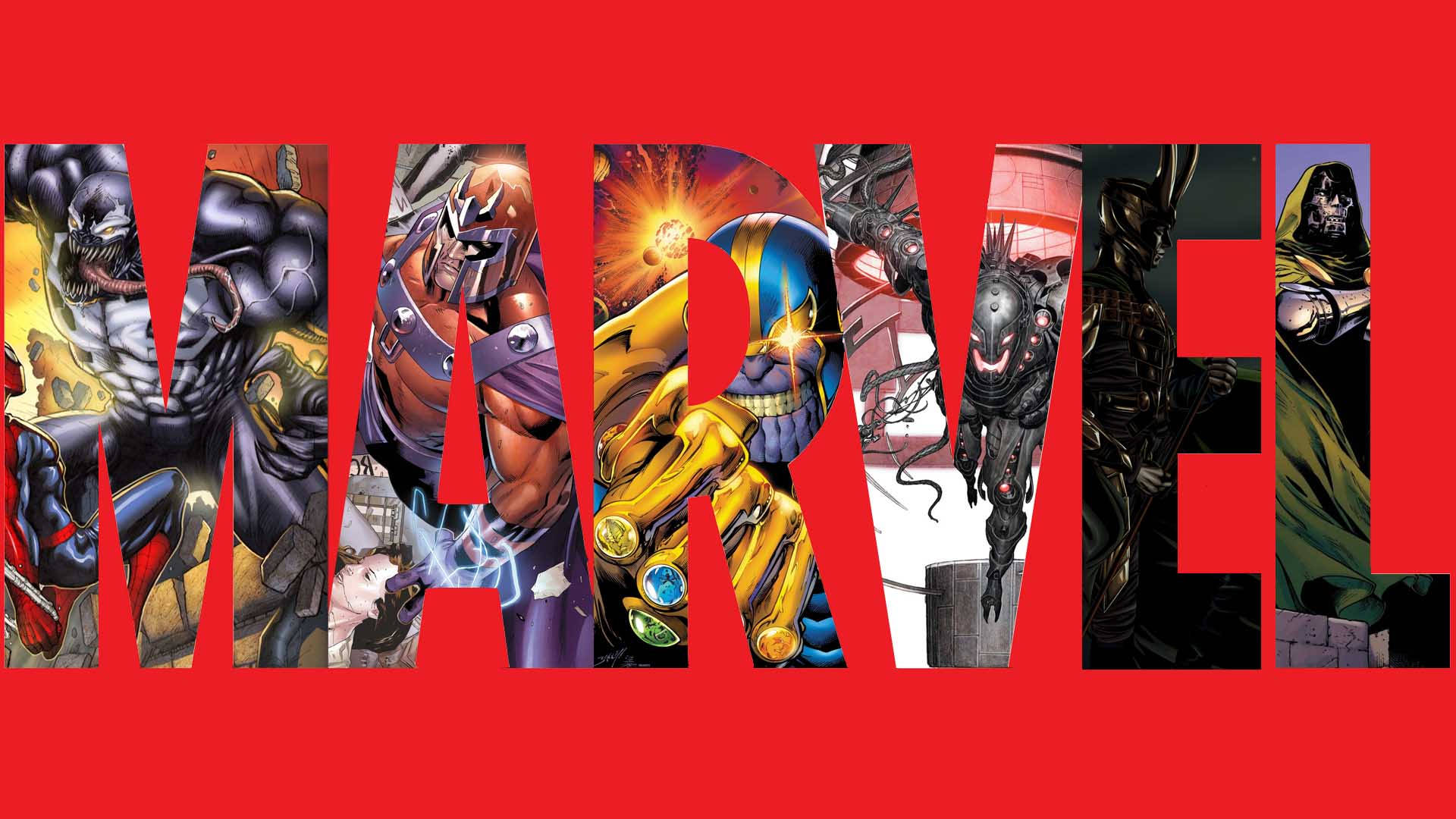 Villains 桌布 壁紙 — 大膽的漫畫英雄和反派填滿了Marvel標誌中的字母，背景為鮮紅色。