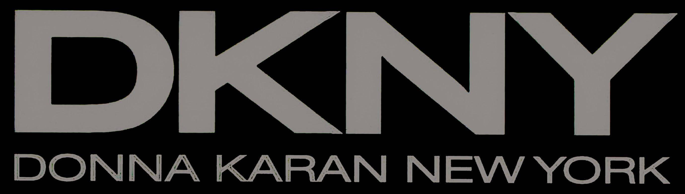 品牌 桌布 壁紙 — 大膽的灰色 DKNY 標誌，帶有 'DONNA KARAN NEW YORK' 文字，黑色背景。