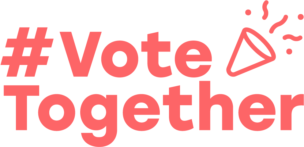 vote 桌布 壁紙 — 大膽的珊瑚粉紅色文字在黑色背景上顯示 hashtag vote together 和一個擴音器圖標。