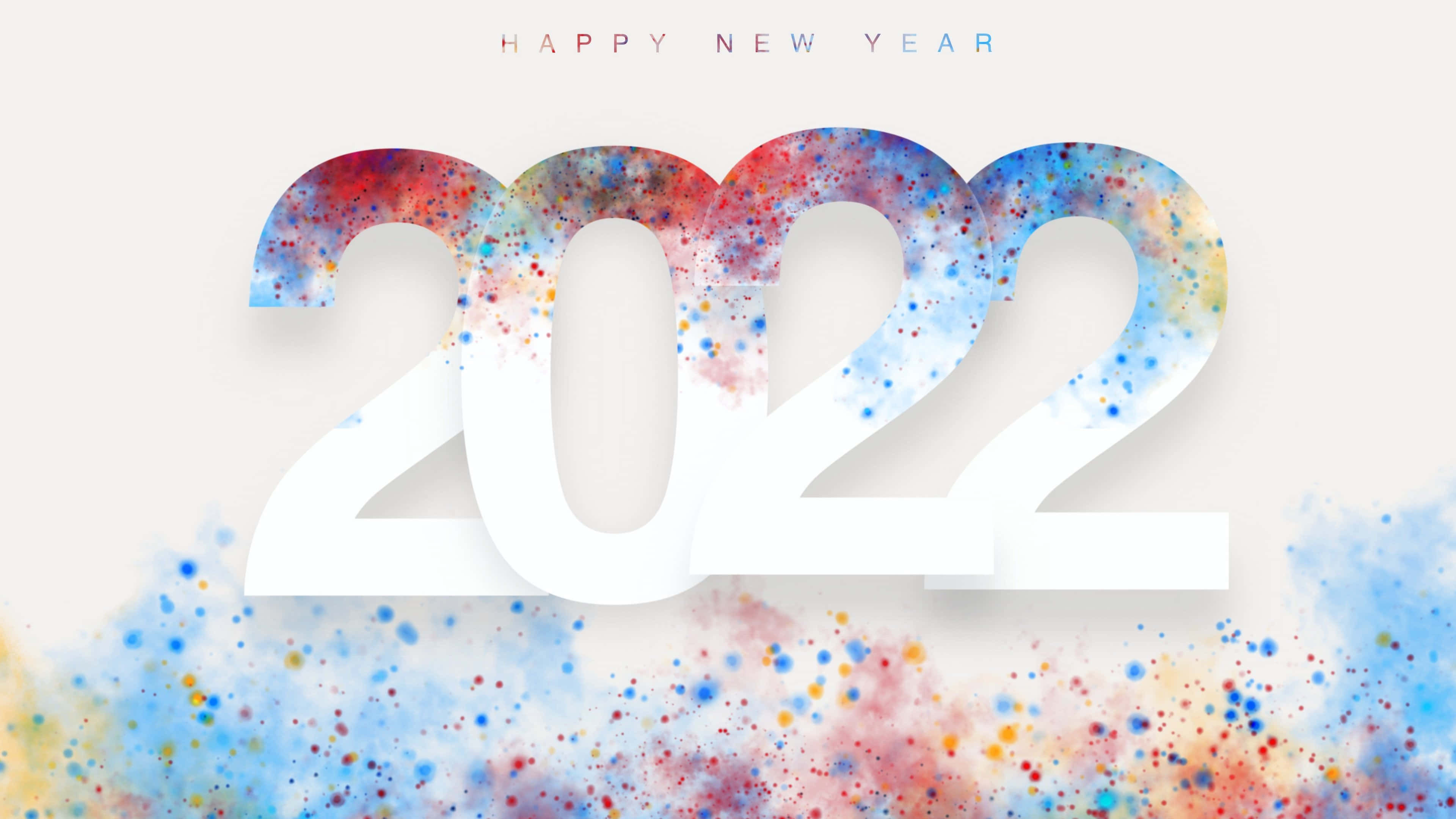 New Year 桌布 壁紙 — 大膽的白色「2022」數字配上色彩繽紛的油漆飛濺，在柔和的米色背景上慶祝新年。