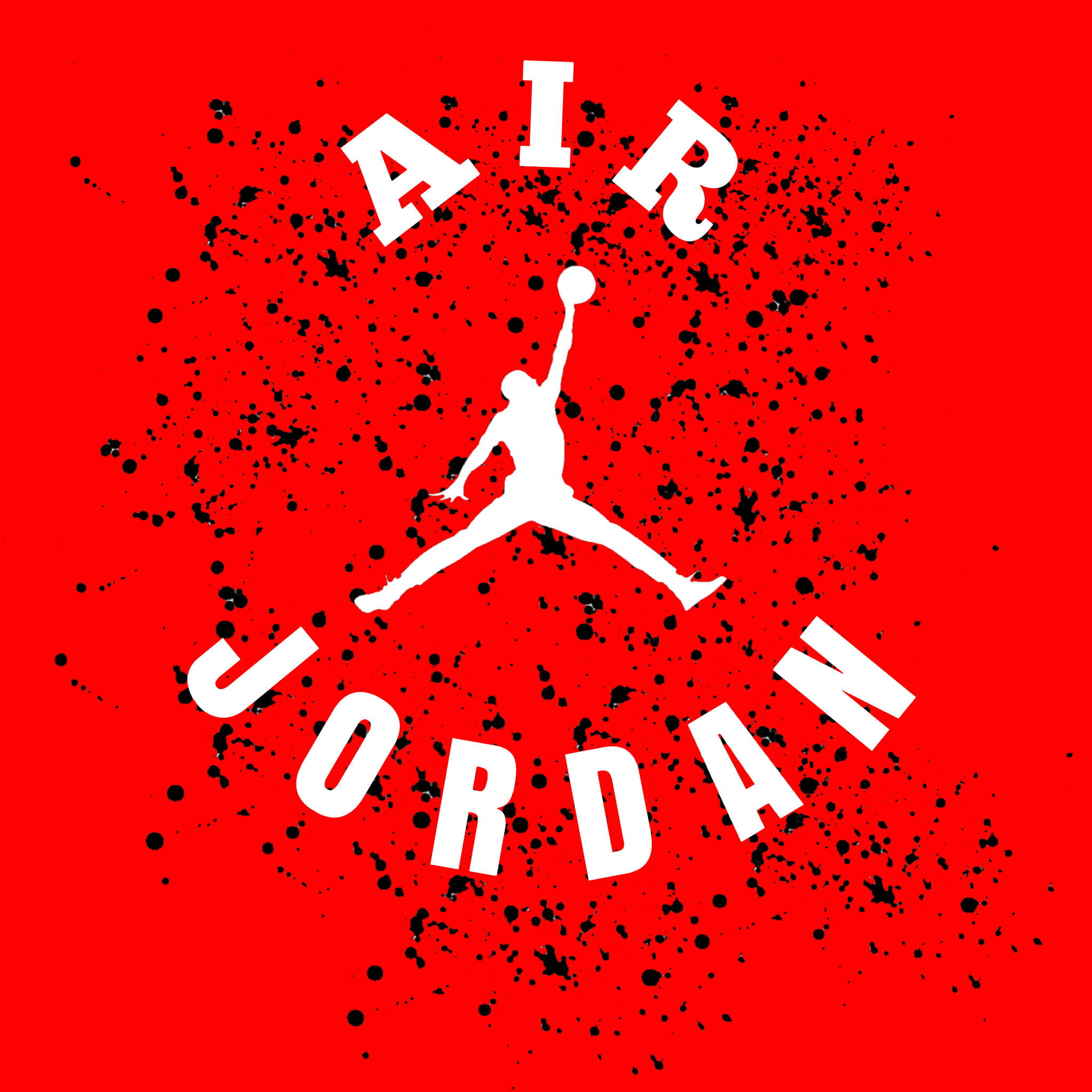 Air Jordan 桌布 壁紙 — 大膽的白色 Air Jordan 標誌，帶有跳躍剪影和黑色潑濺，背景為鮮豔的紅色。
