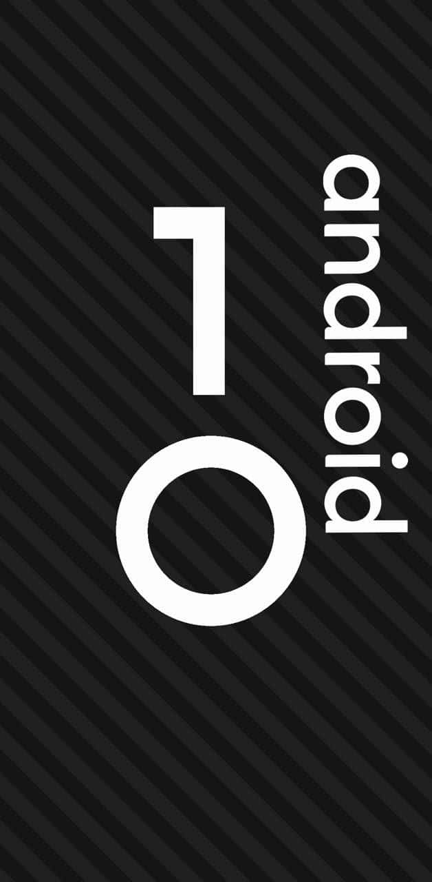 桌布 壁紙 — 大膽的白色 Android 10 標誌在帶有對角線條紋的時尚黑色背景上脫穎而出。