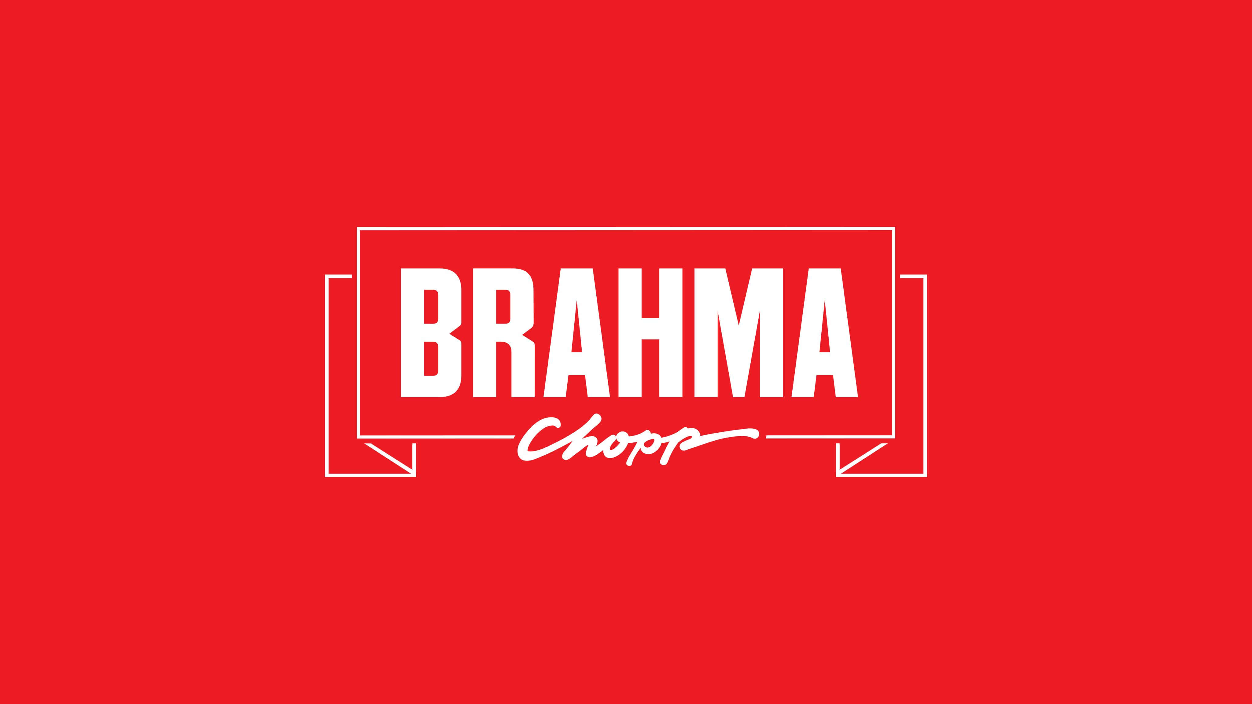 標誌 桌布 壁紙 — 大膽的白色 Brahma Chopp 標誌置於純紅色背景中央，搭配簡潔的幾何框架。