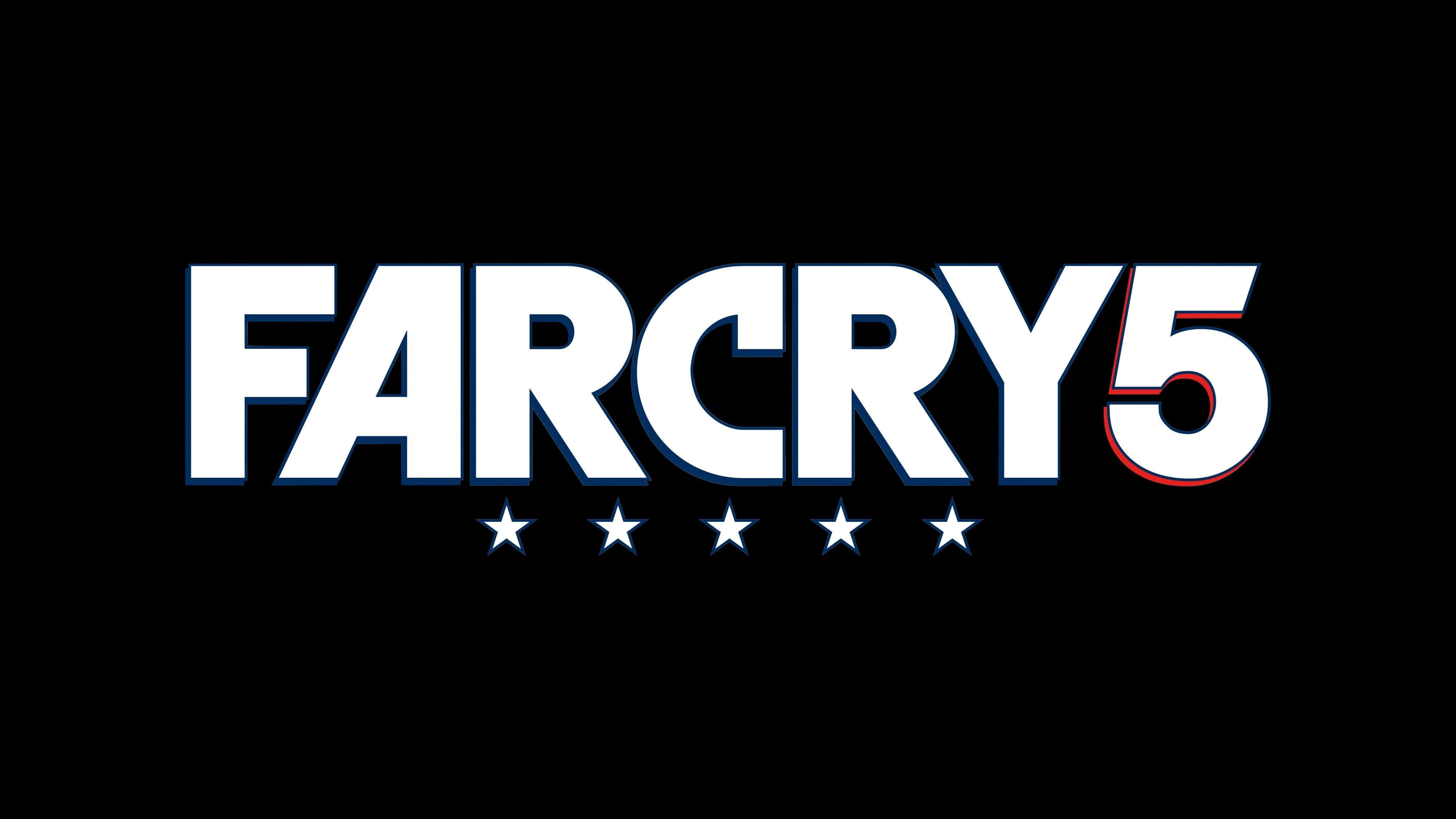 電玩遊戲 桌布 壁紙 — 大膽的白色 Far Cry 5 標誌，帶有紅色輪廓，黑色背景，兩側有五顆發光的星星。