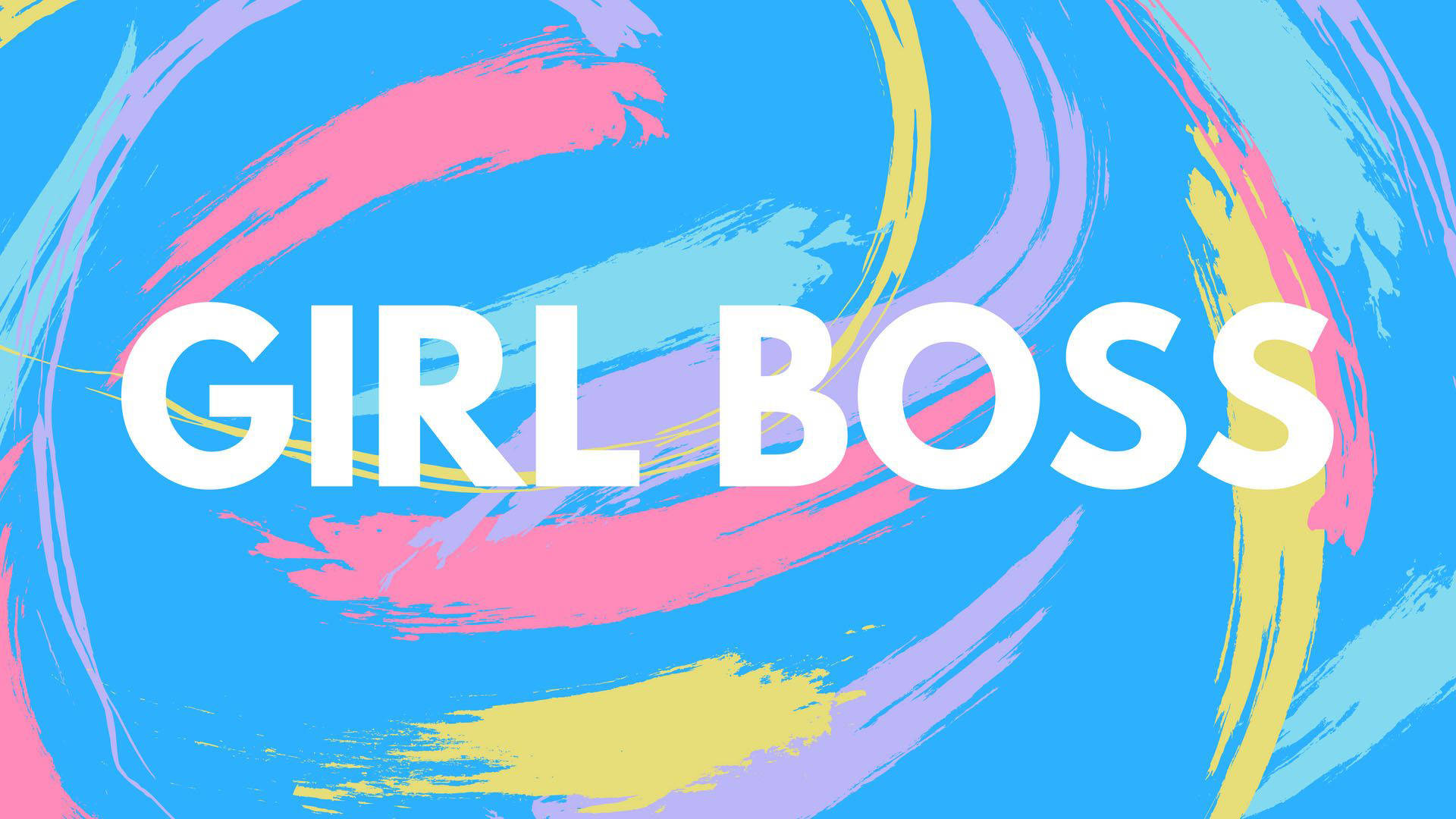 Preppy 桌布 壁紙 — 大膽的白色 'GIRL BOSS' 文字在旋轉的藍色、粉紅色和黃色筆觸的充滿活力的抽象背景上脫穎而出。