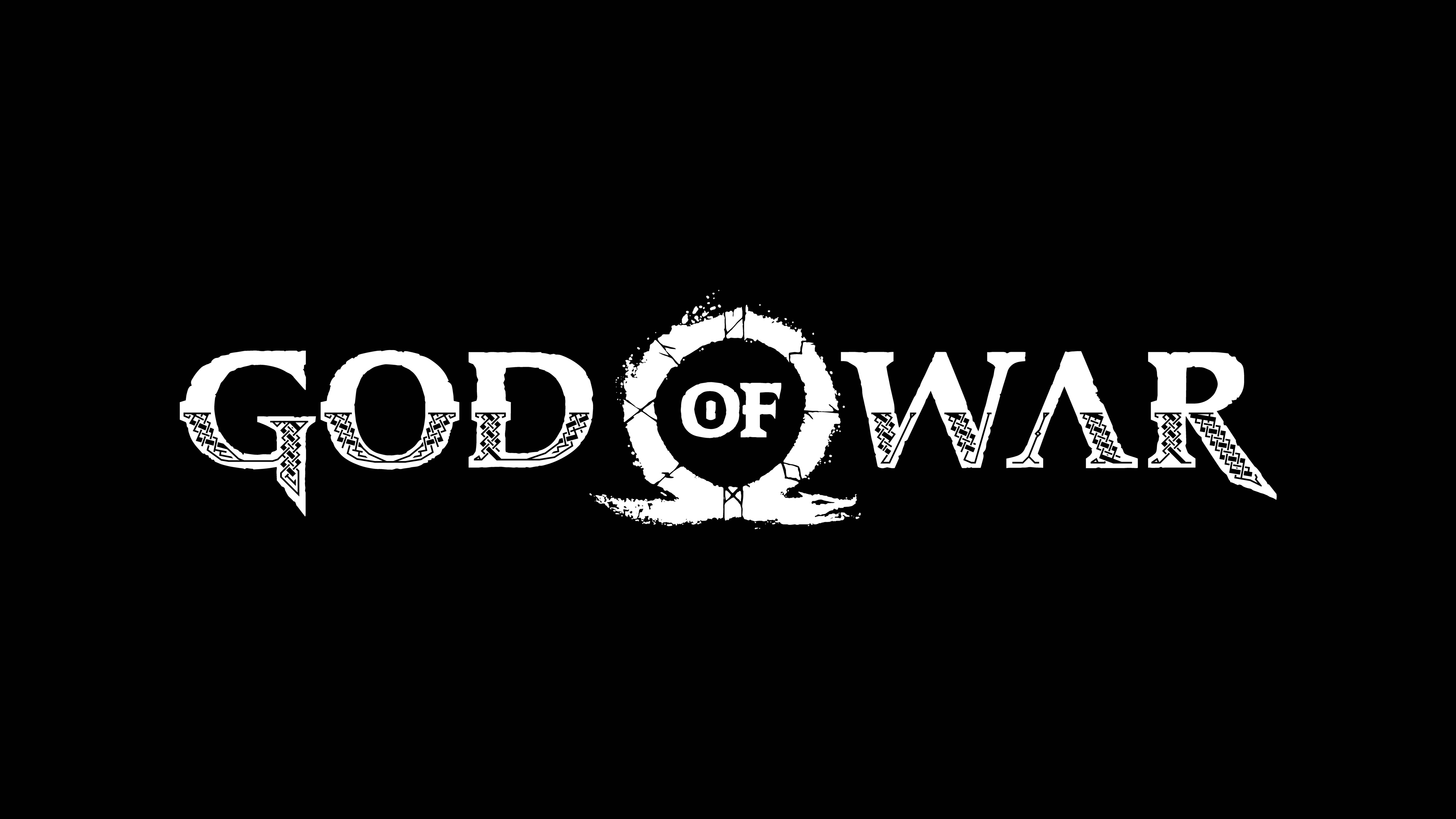 Gaming Logos 桌布 壁紙 — 大膽的白色「God of War」標誌，帶有裂紋的圓形徽章，居中在純黑色背景上。