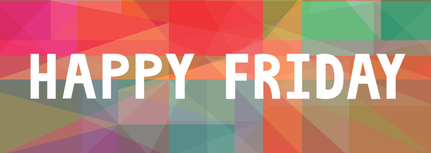 Friday 桌布 壁紙 — 大膽的白色「HAPPY FRIDAY」文字覆蓋在色彩繽紛的三角形幾何圖案上。