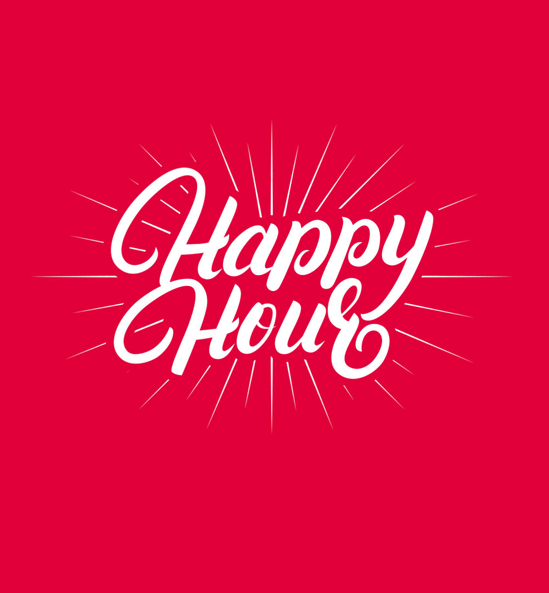 Hour 桌布 壁紙 — 大膽的白色「Happy Hour」字樣，帶有放射線條，在鮮紅色背景上爆發。